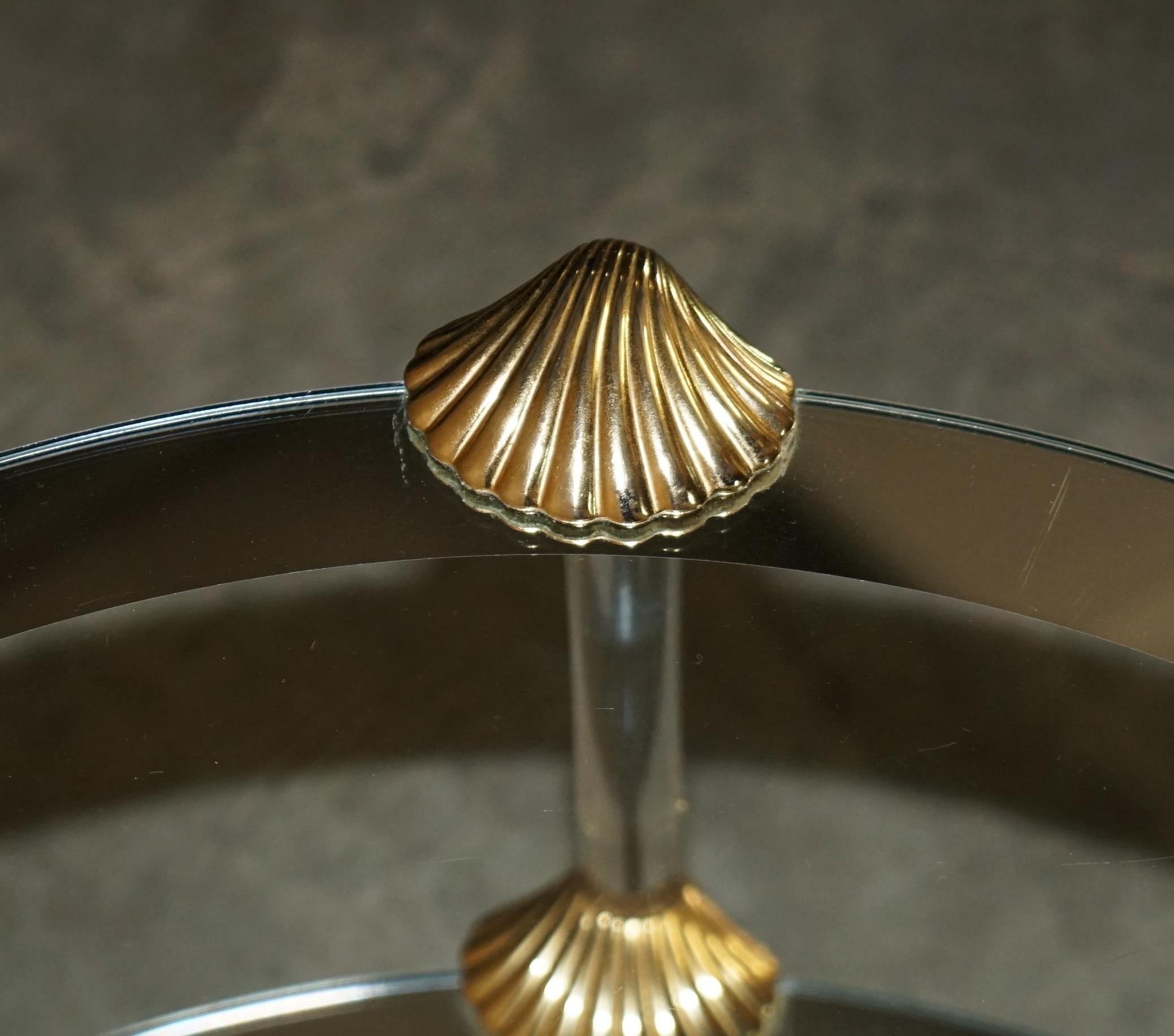 MID CENTURY MODERN BRASS & SILVERED GLASS SHELL MOUNTED TWO TiER COFFEE TABLE For Sale 3