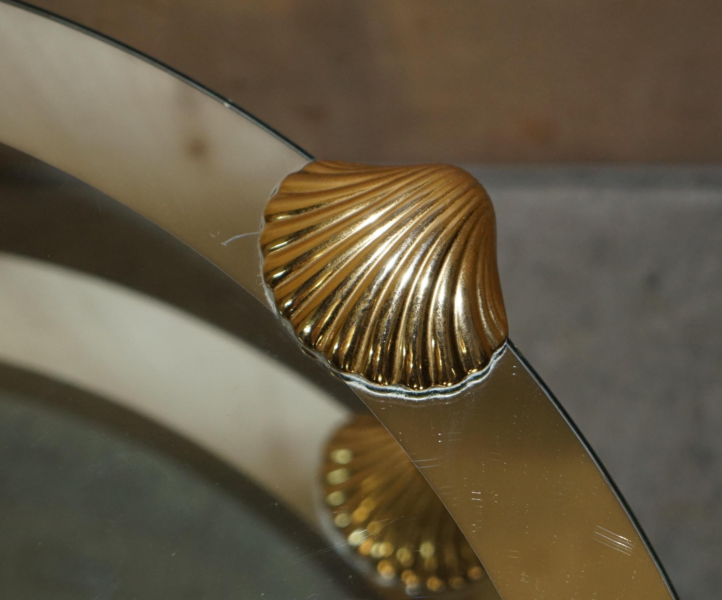 MID CENTURY MODERN BRASS & SILVERED GLASS SHELL MOUNTED TWO TiER COFFEE TABLE For Sale 5