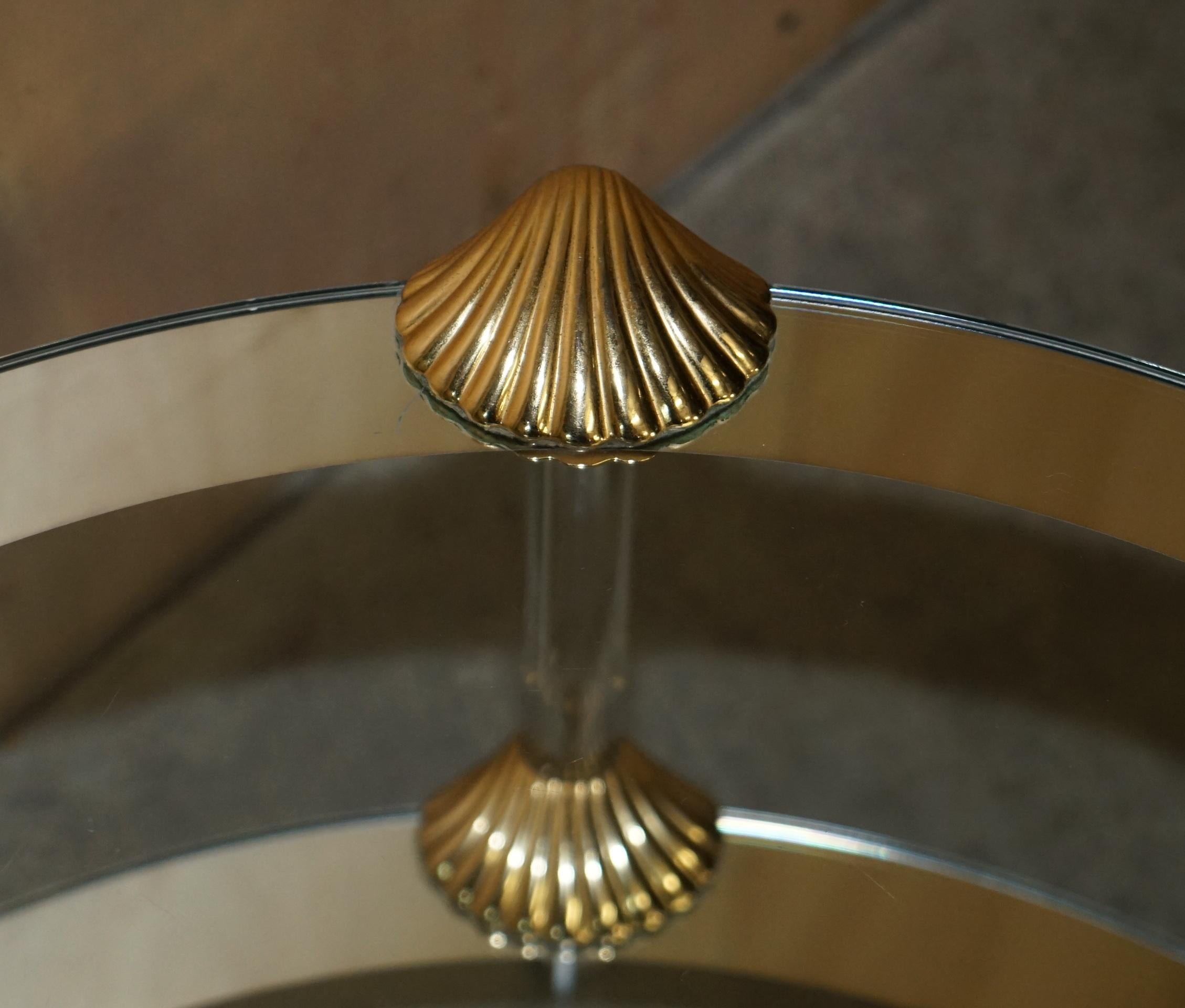 MID CENTURY MODERN BRASS & SILVERED GLASS SHELL MOUNTED TWO TiER COFFEE TABLE For Sale 1