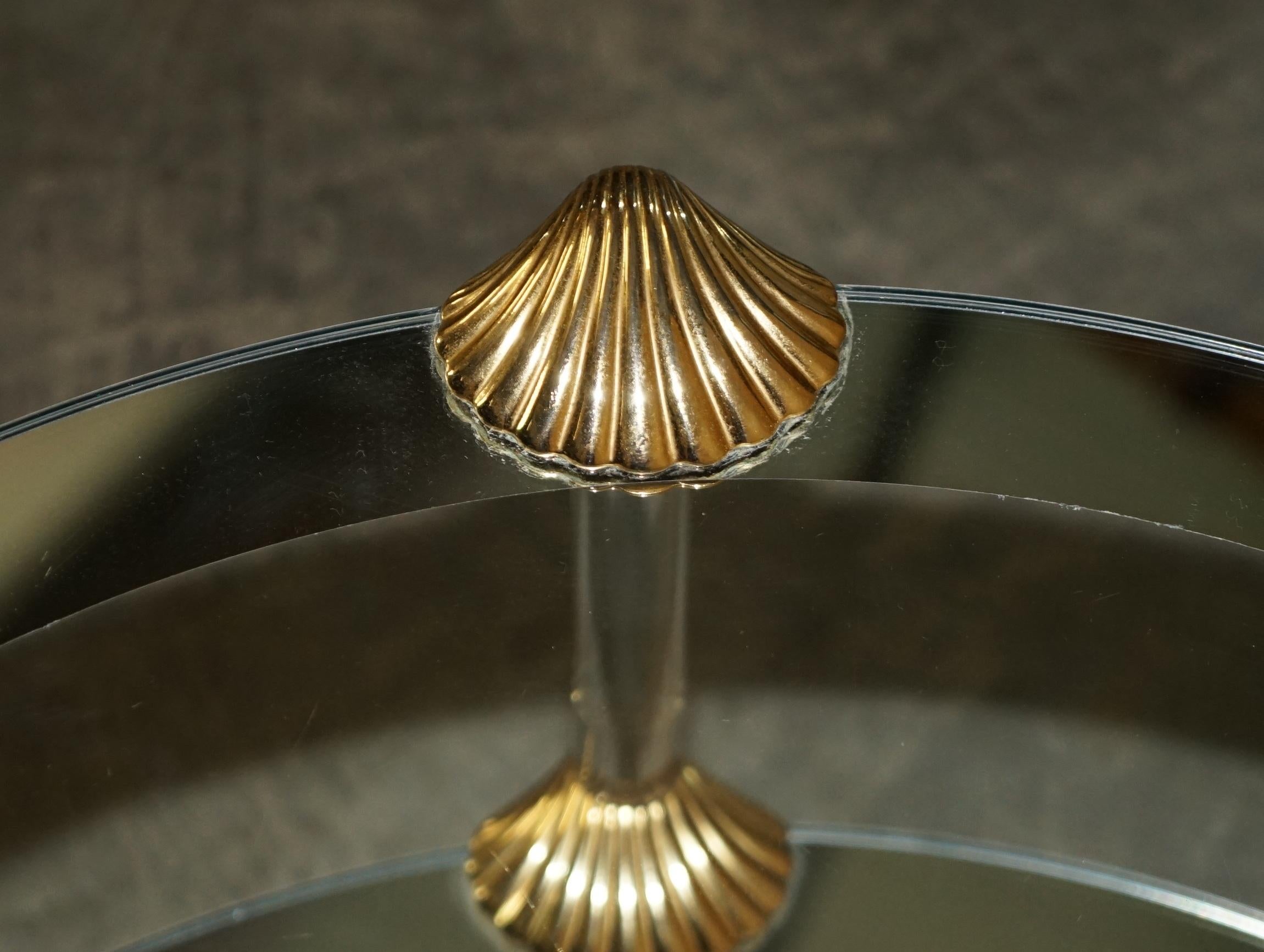 MID CENTURY MODERN BRASS & SILVERED GLASS SHELL MOUNTED TWO TiER COFFEE TABLE For Sale 2