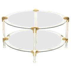 MID CENTURY MODERN BRASS & SILVERED GLASS SHELL MOUNTED TWO TiER COFFEE TABLE