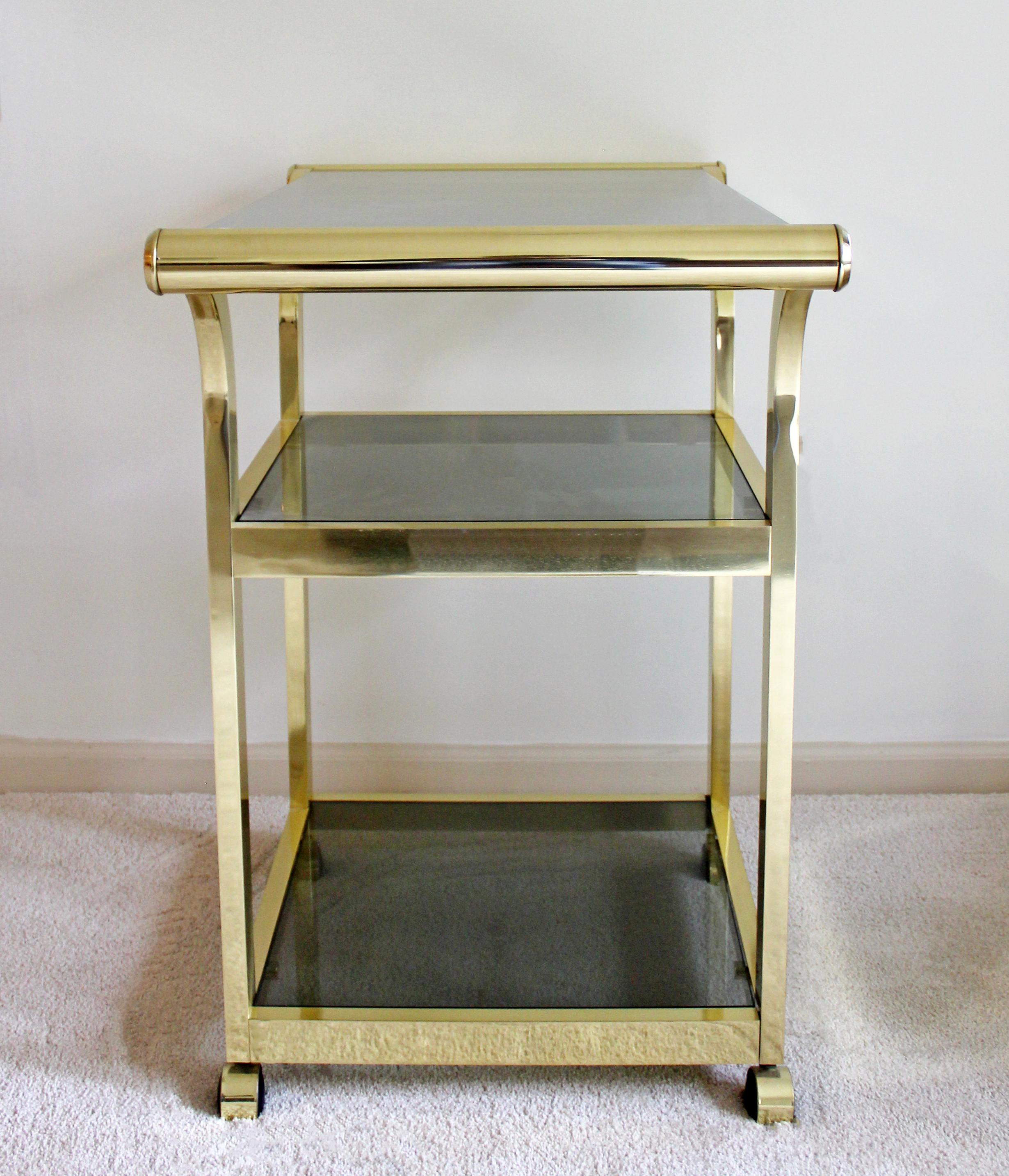 Late 20th Century Mid-Century Modern Brass Smoked Glass 3-Tier Trolley Bar Serving Cart, 1970s
