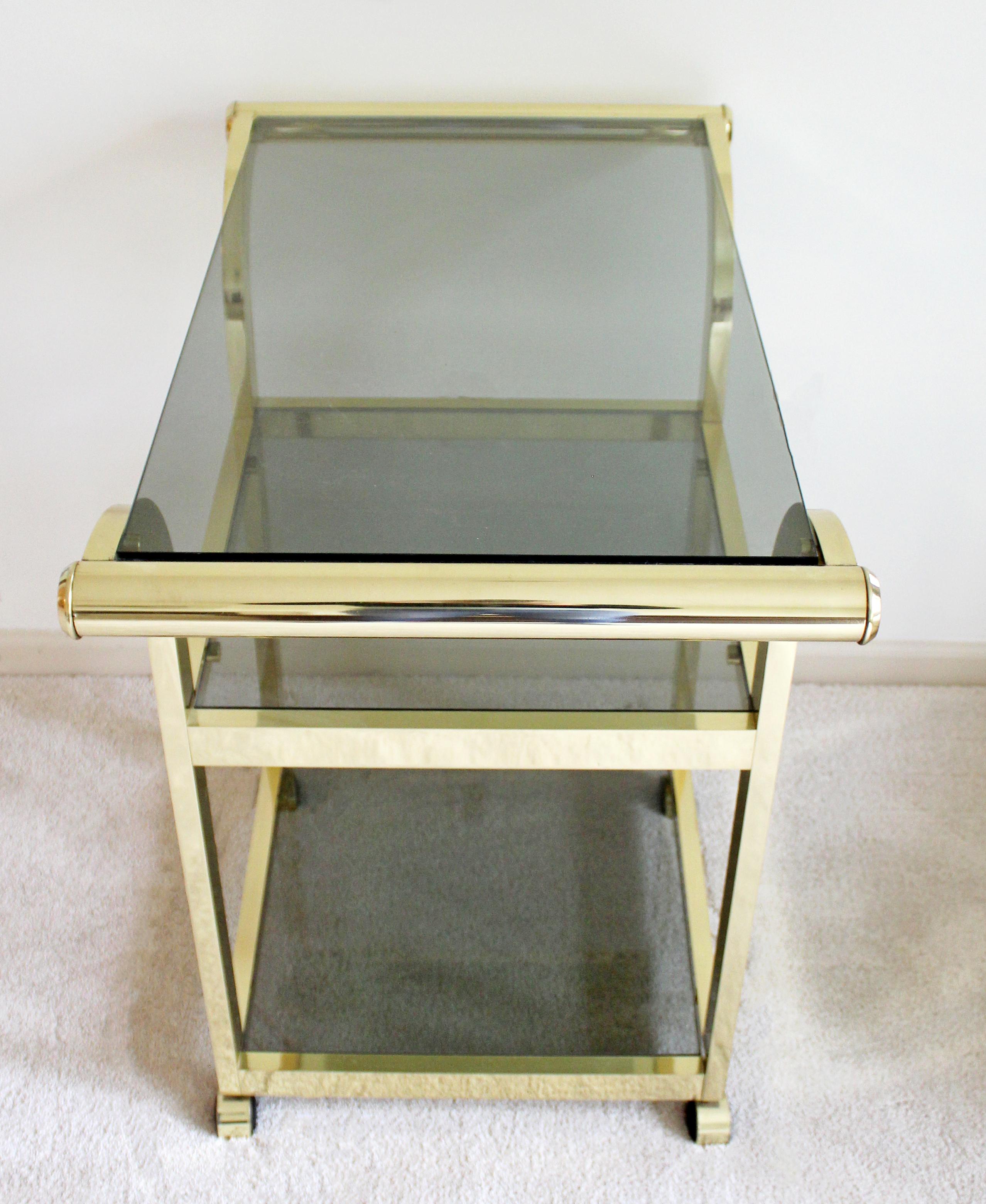 Mid-Century Modern Brass Smoked Glass 3-Tier Trolley Bar Serving Cart, 1970s 1