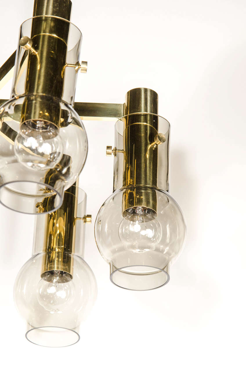 Swedish Mid-Century Modern Brass & Smoked Glass 6-Arm Chandelier by Hans Agne Jakobsson
