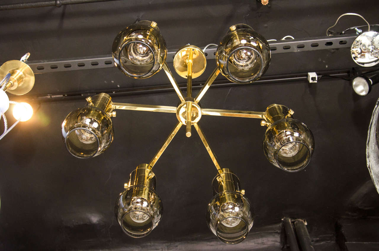 Mid-Century Modern Brass & Smoked Glass 6-Arm Chandelier by Hans Agne Jakobsson 1