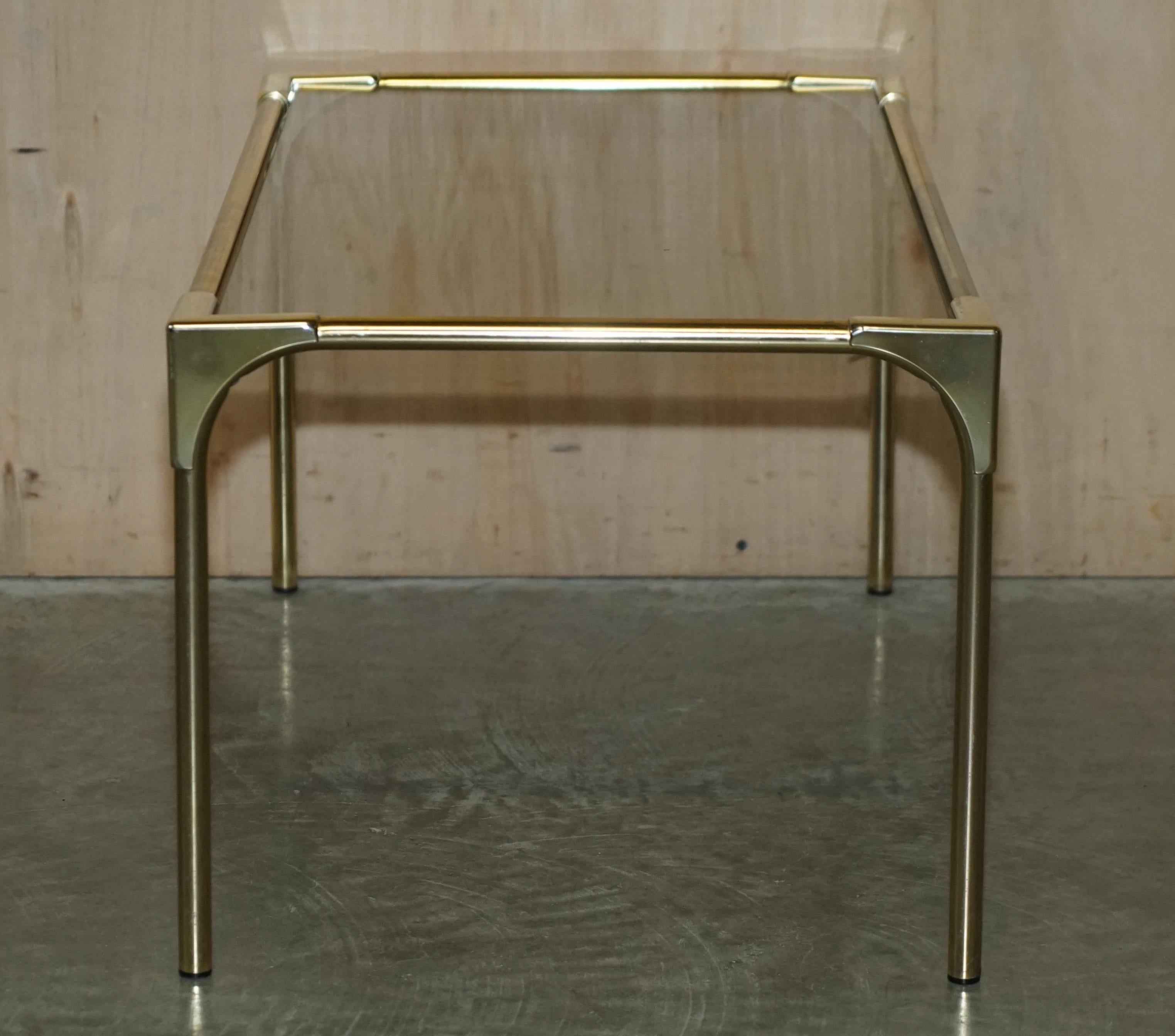 Mid-Century Modern Brass & Smoked Glass Coffee Table & Pair of Side Nest Tables For Sale 5