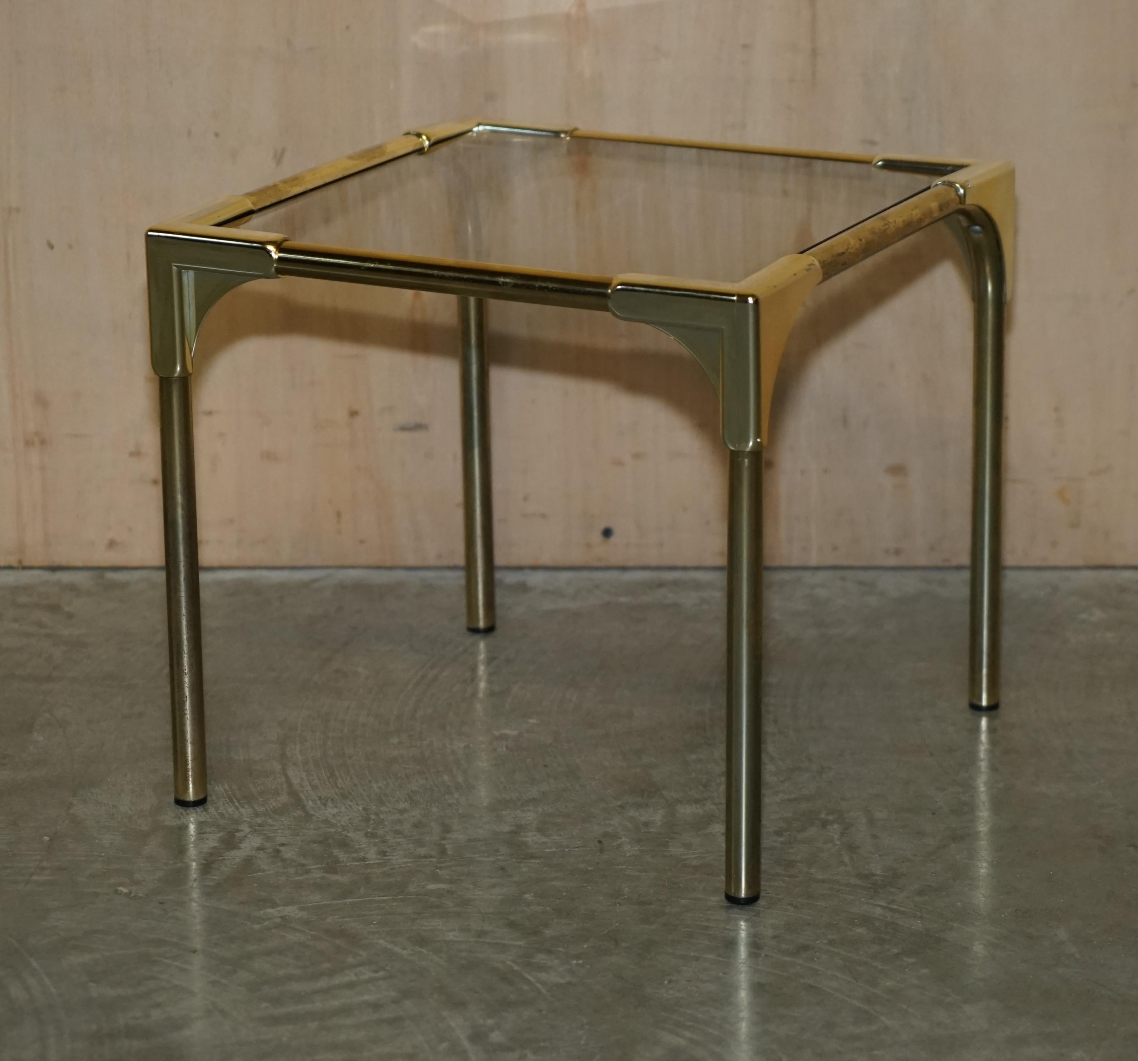 Mid-Century Modern Brass & Smoked Glass Coffee Table & Pair of Side Nest Tables For Sale 7
