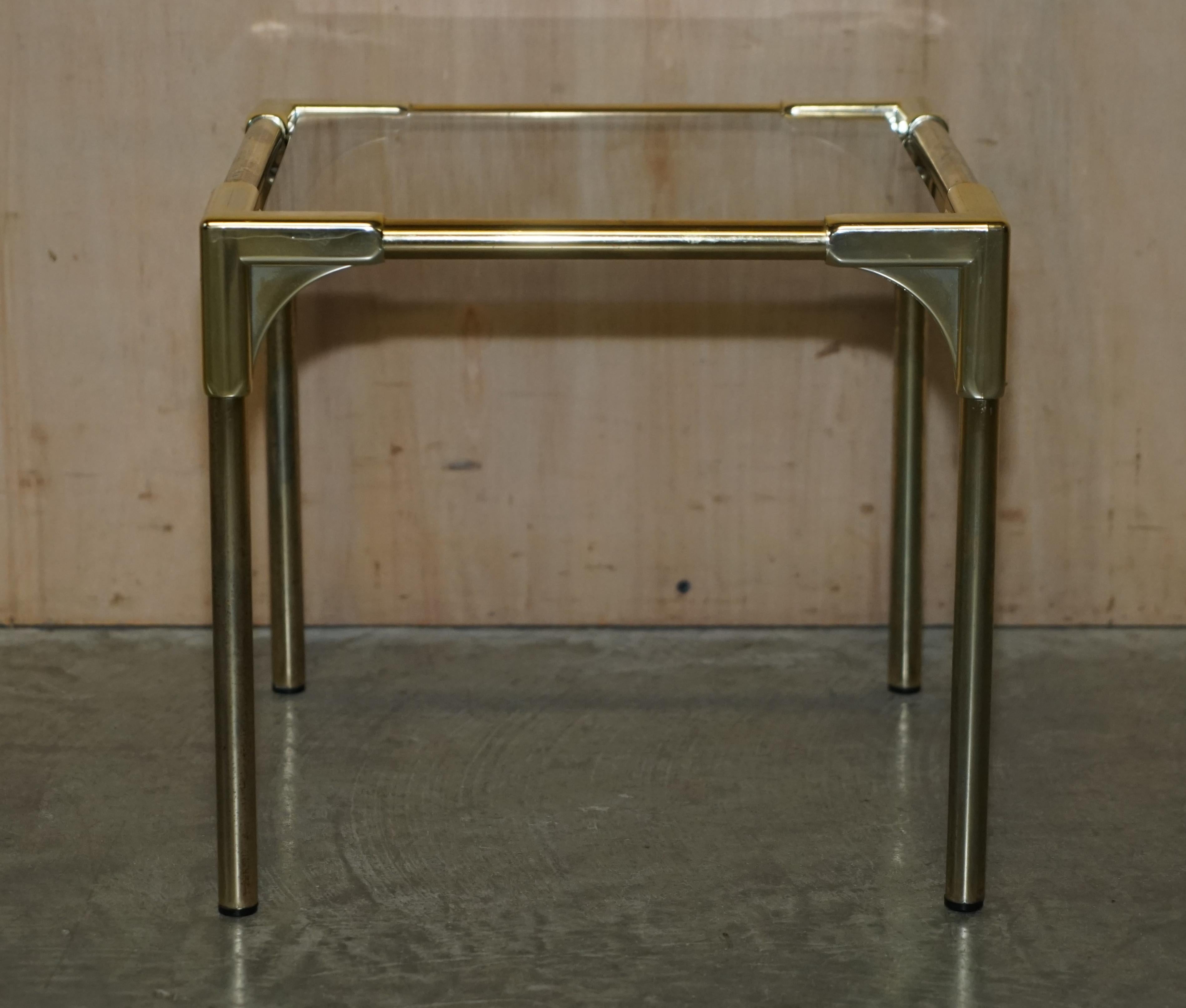 Mid-Century Modern Brass & Smoked Glass Coffee Table & Pair of Side Nest Tables For Sale 8