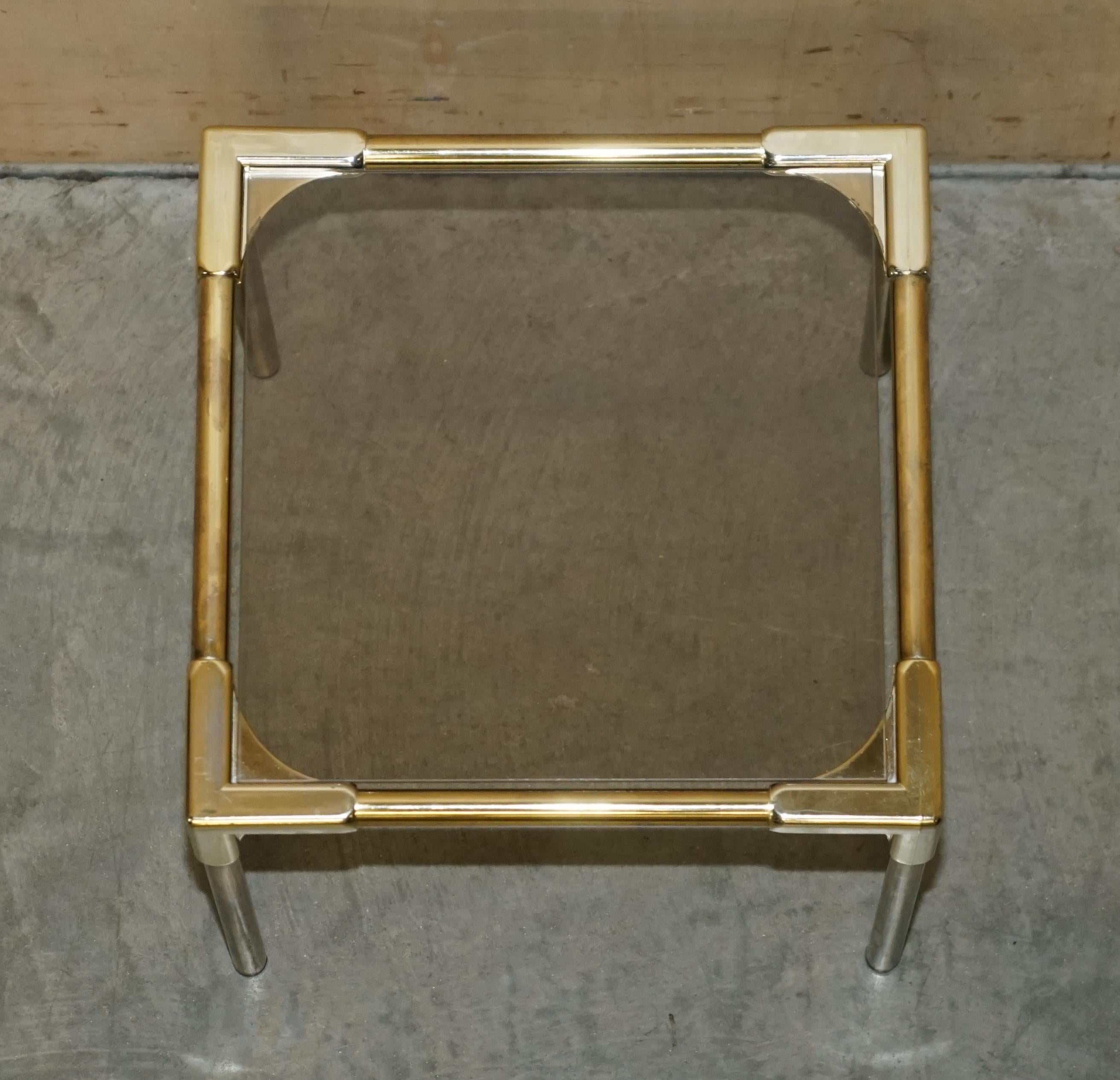 Mid-Century Modern Brass & Smoked Glass Coffee Table & Pair of Side Nest Tables For Sale 11
