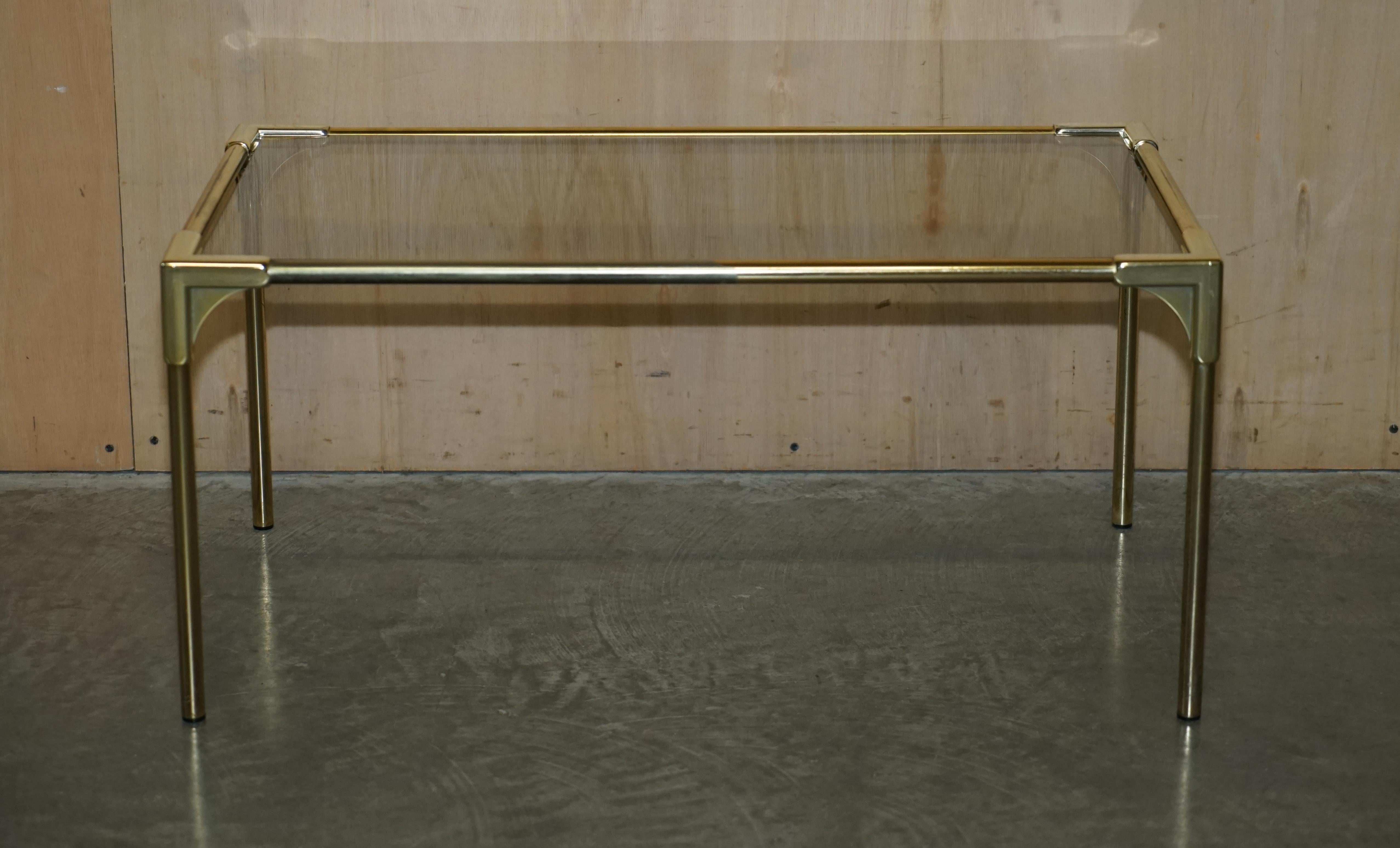 French Mid-Century Modern Brass & Smoked Glass Coffee Table & Pair of Side Nest Tables For Sale