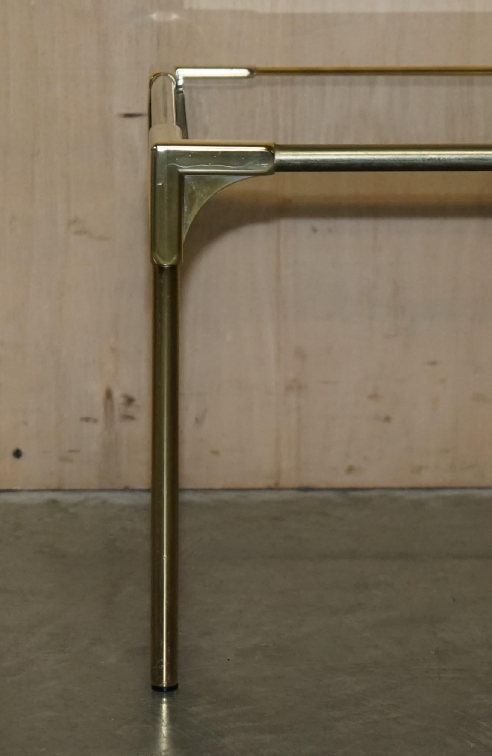 Hand-Crafted Mid-Century Modern Brass & Smoked Glass Coffee Table & Pair of Side Nest Tables For Sale