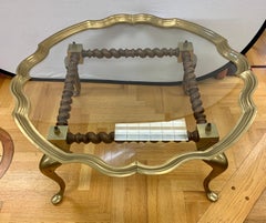 Mid-Century Modern Brass, Spiraled Wood and Glass Top Coffee Cocktail Table