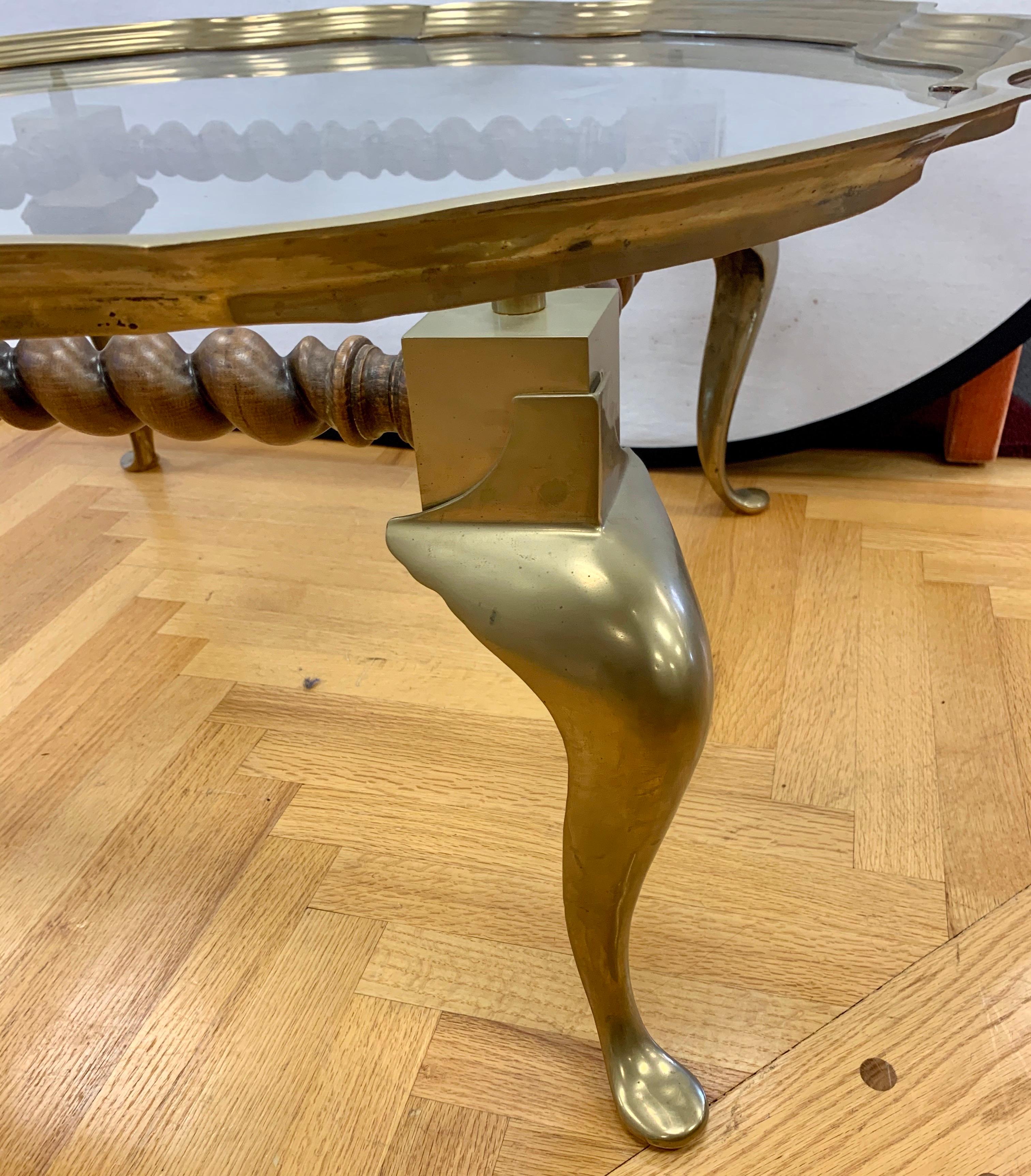 American Mid-Century Modern Brass, Spiraled Wood and Glass Top Coffee Cocktail Table