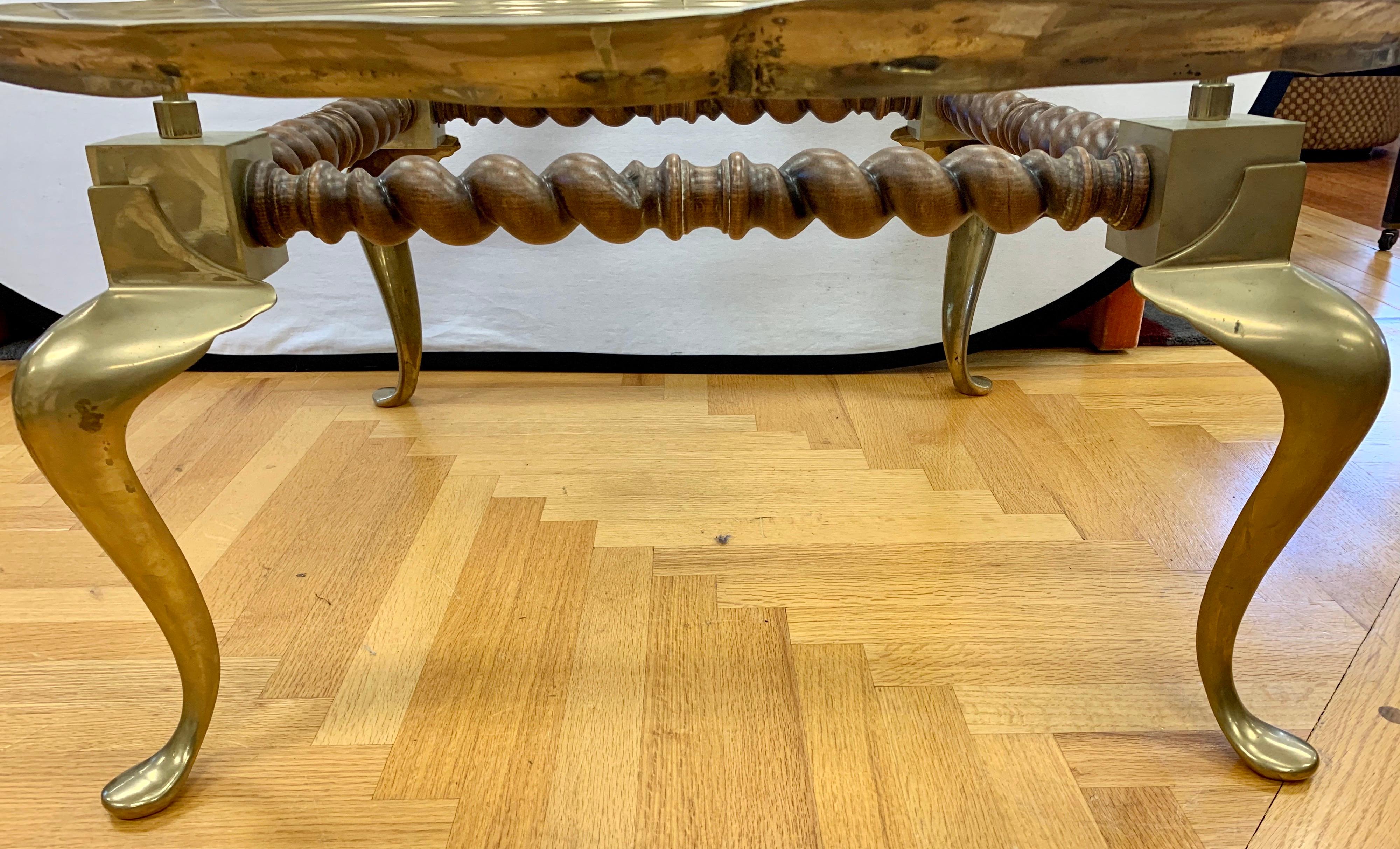 Mid-Century Modern Brass, Spiraled Wood and Glass Top Coffee Cocktail Table In Good Condition In West Hartford, CT