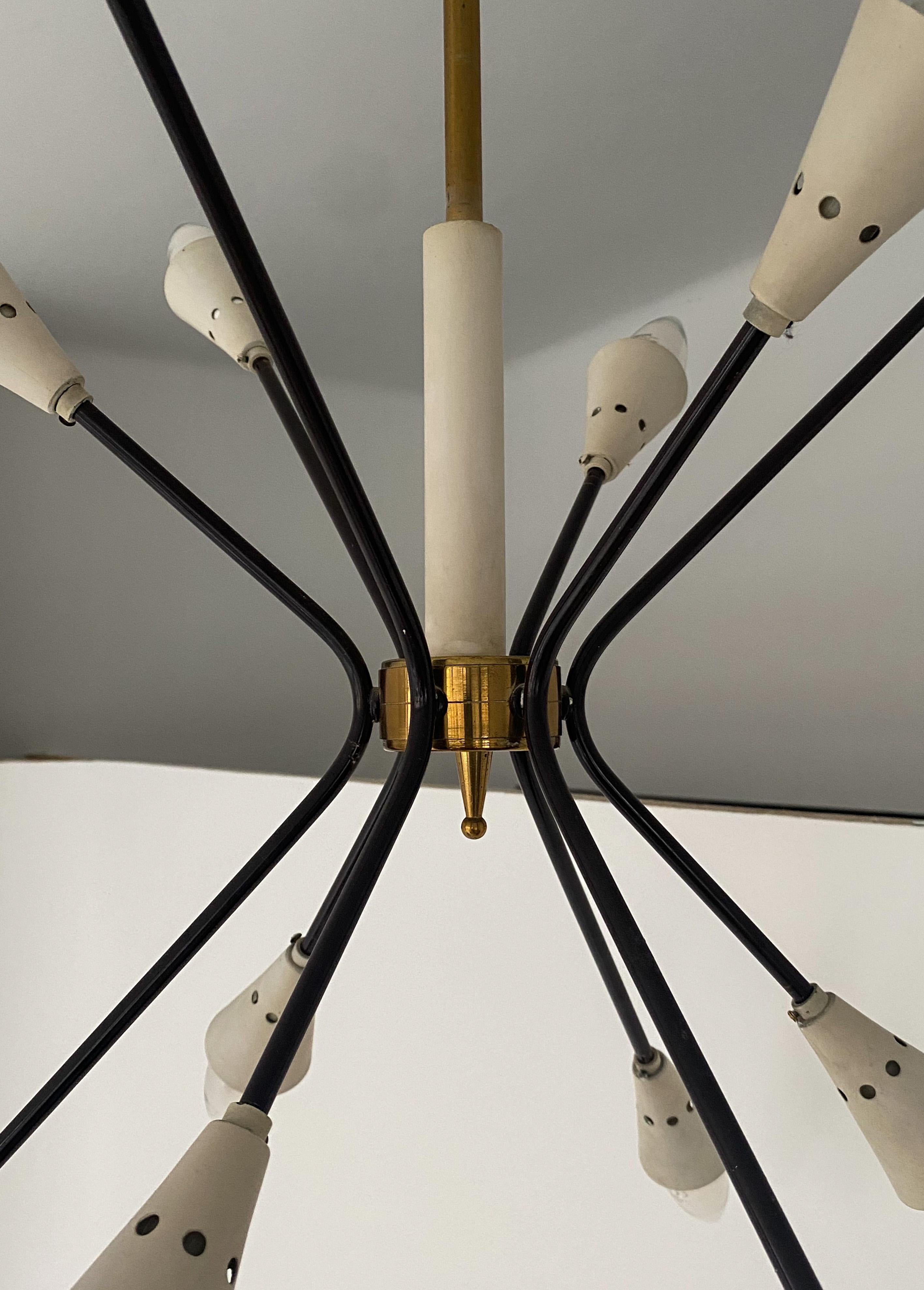 Italian Mid-Century Modern Brass Sputnik Chandelier black and beige, Italy 1950s