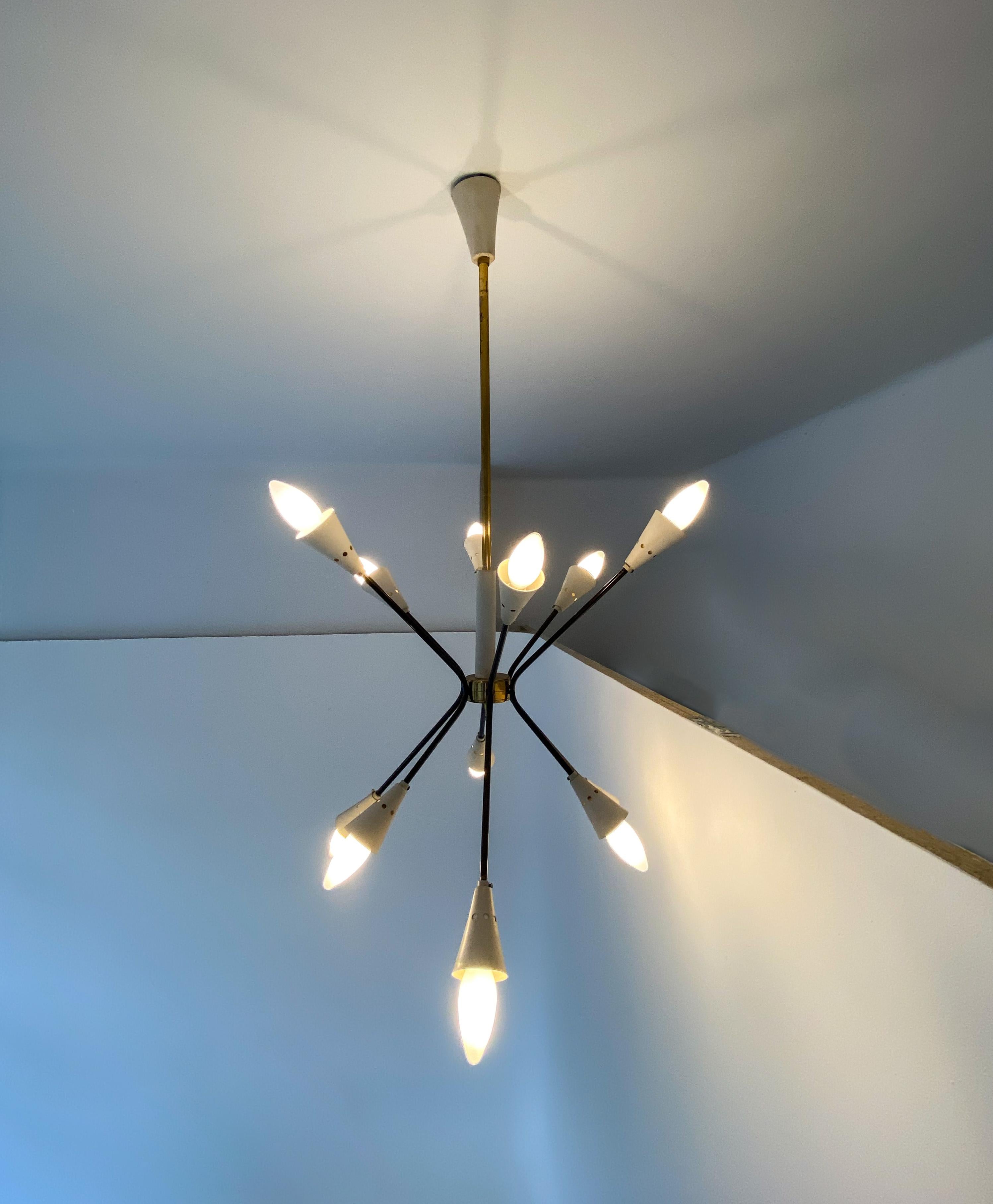 Mid-Century Modern Brass Sputnik Chandelier black and beige, Italy 1950s 2