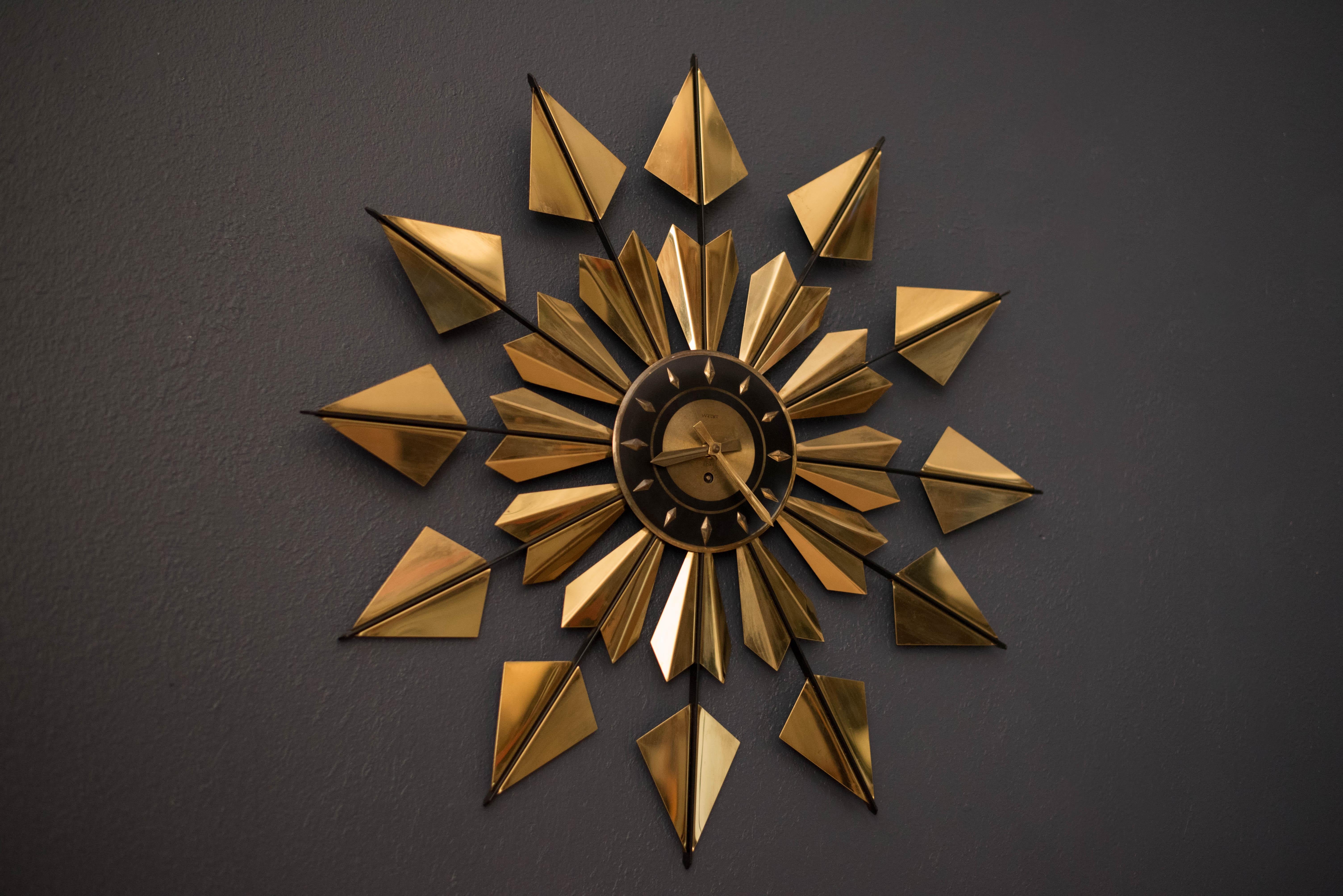 Unknown Mid-Century Modern Brass Sunburst Clock
