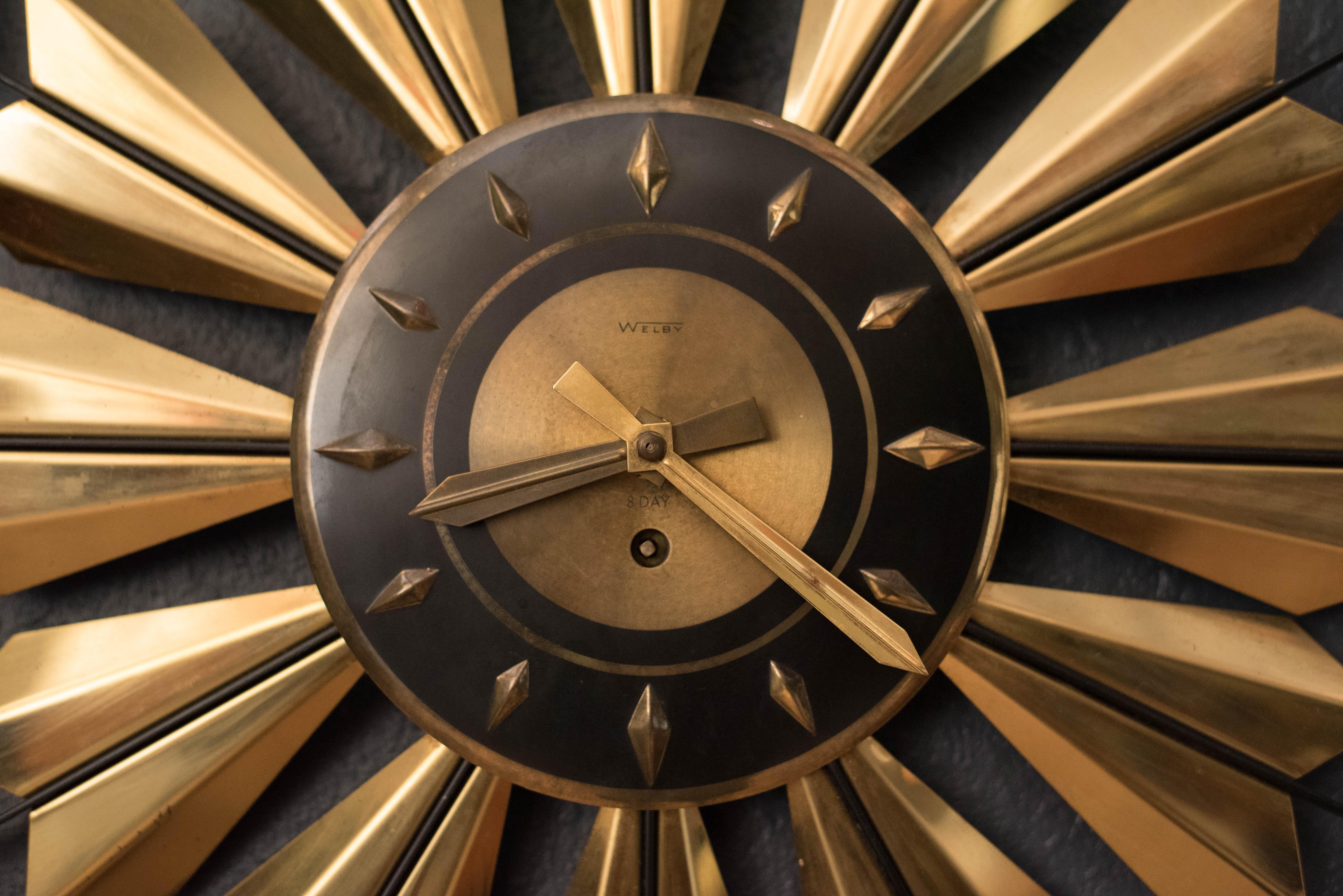 Plated Mid-Century Modern Brass Sunburst Clock