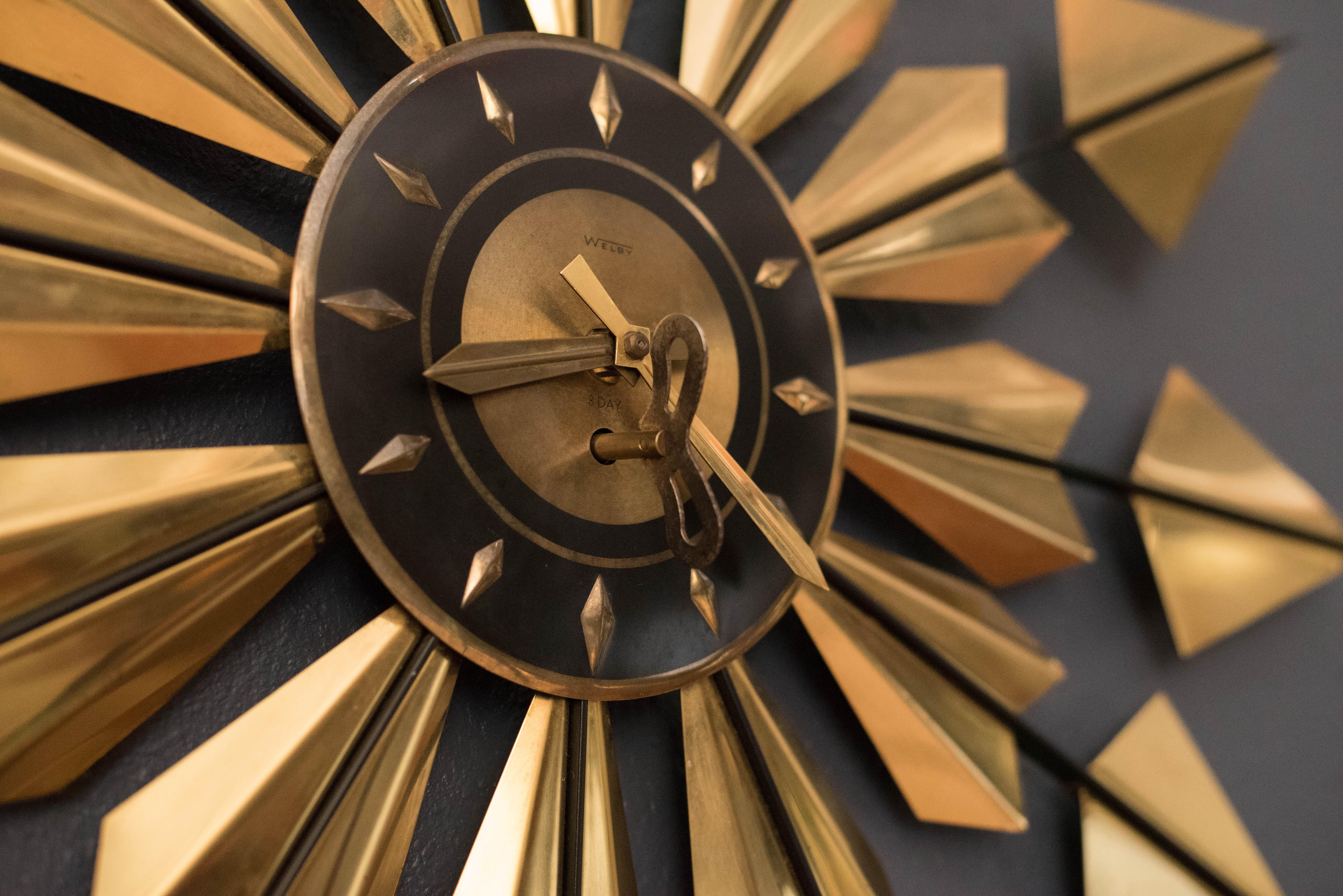 Metal Mid-Century Modern Brass Sunburst Clock