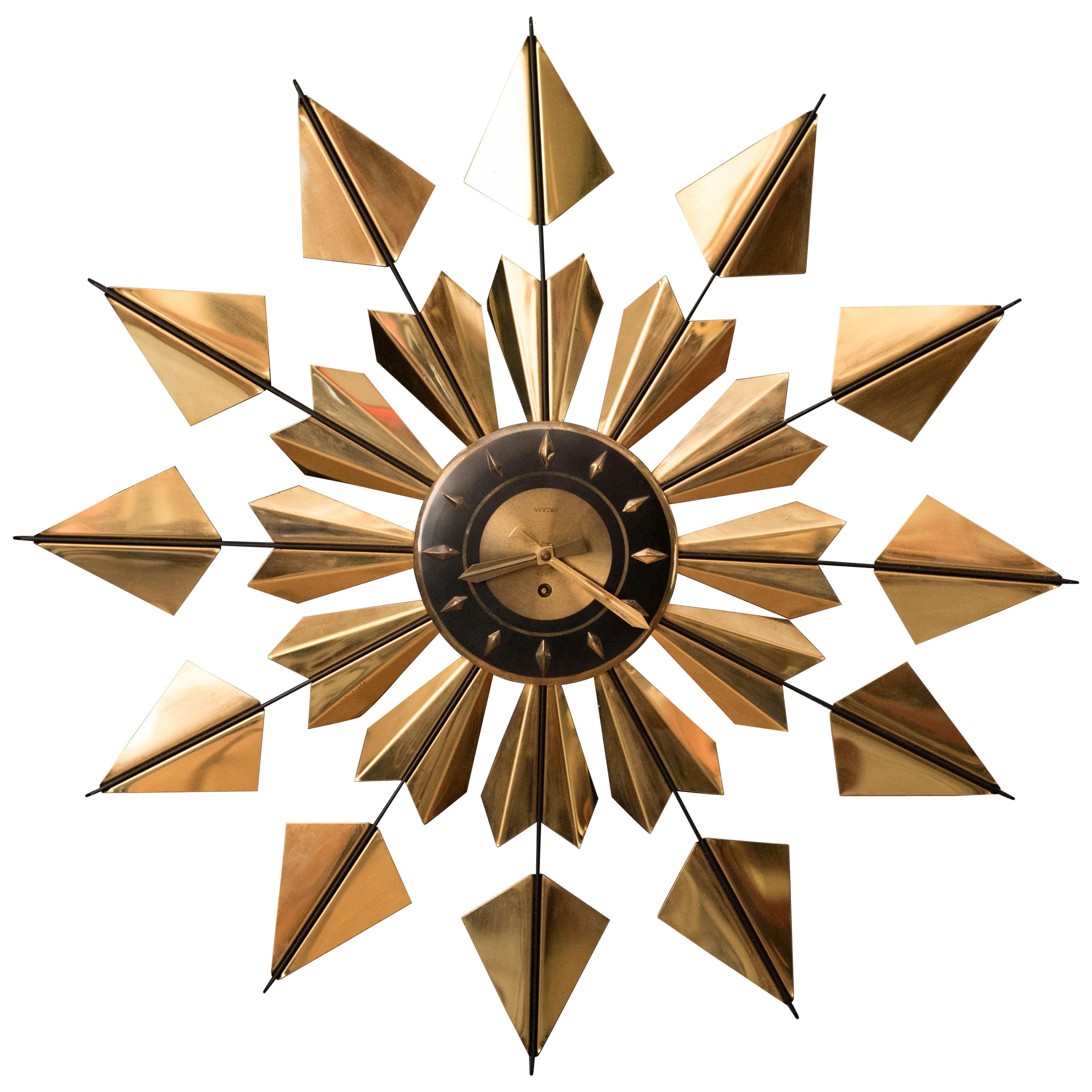 Mid-Century Modern Brass Sunburst Clock