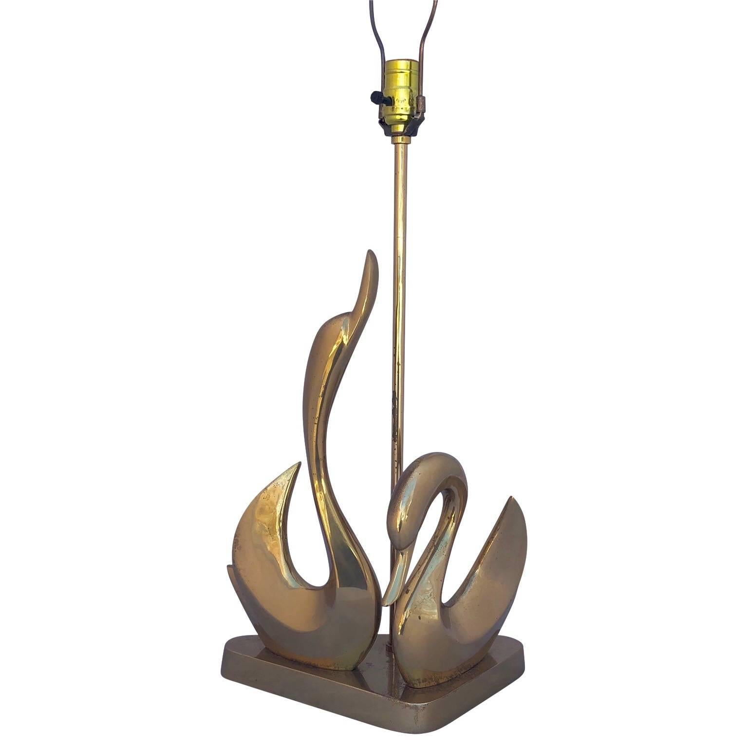 Mid-Century Modern Brass Swan Desk Lamp on a Triangular Base