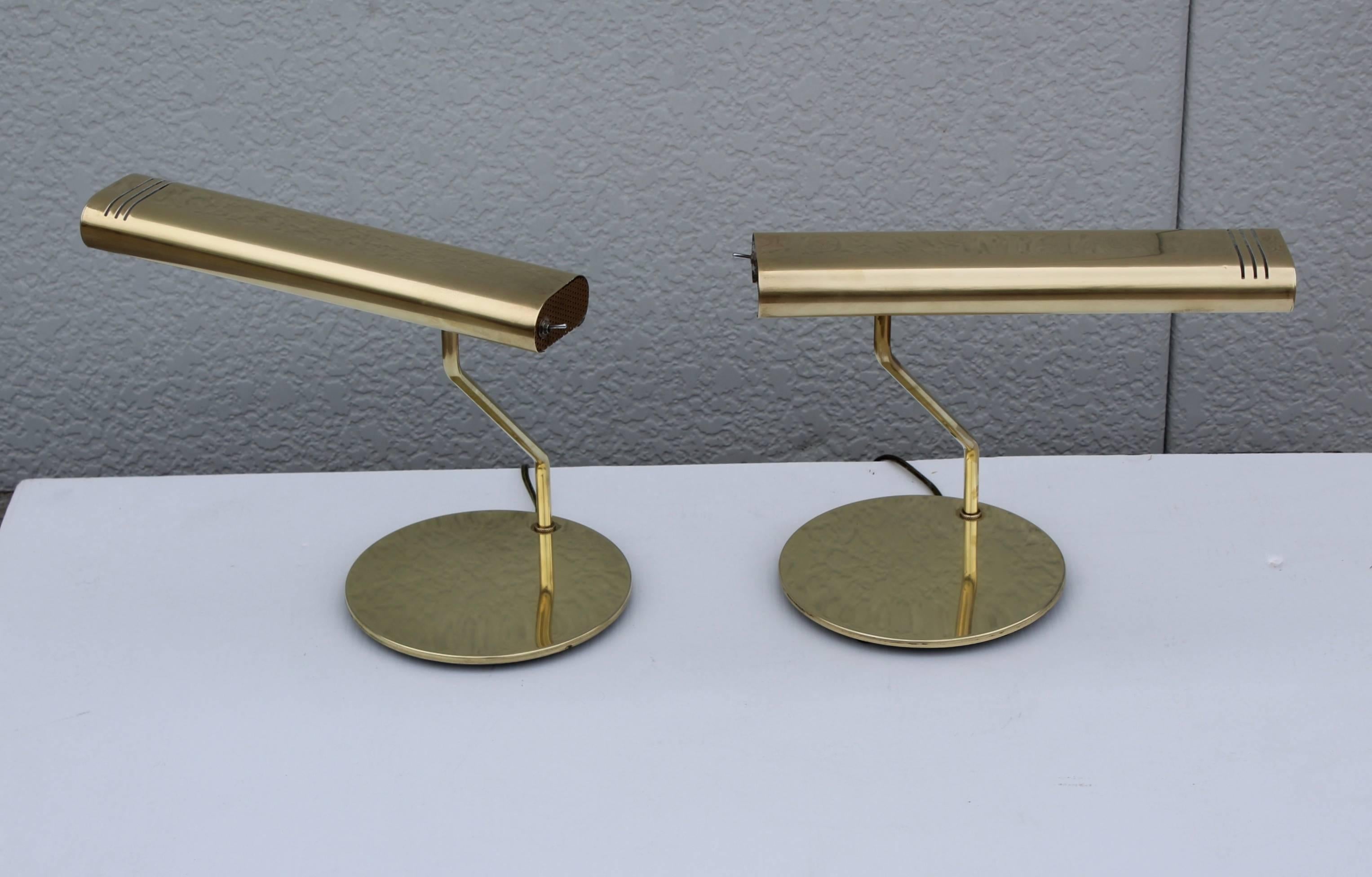 1980s modern petite brass swivel table lamps.