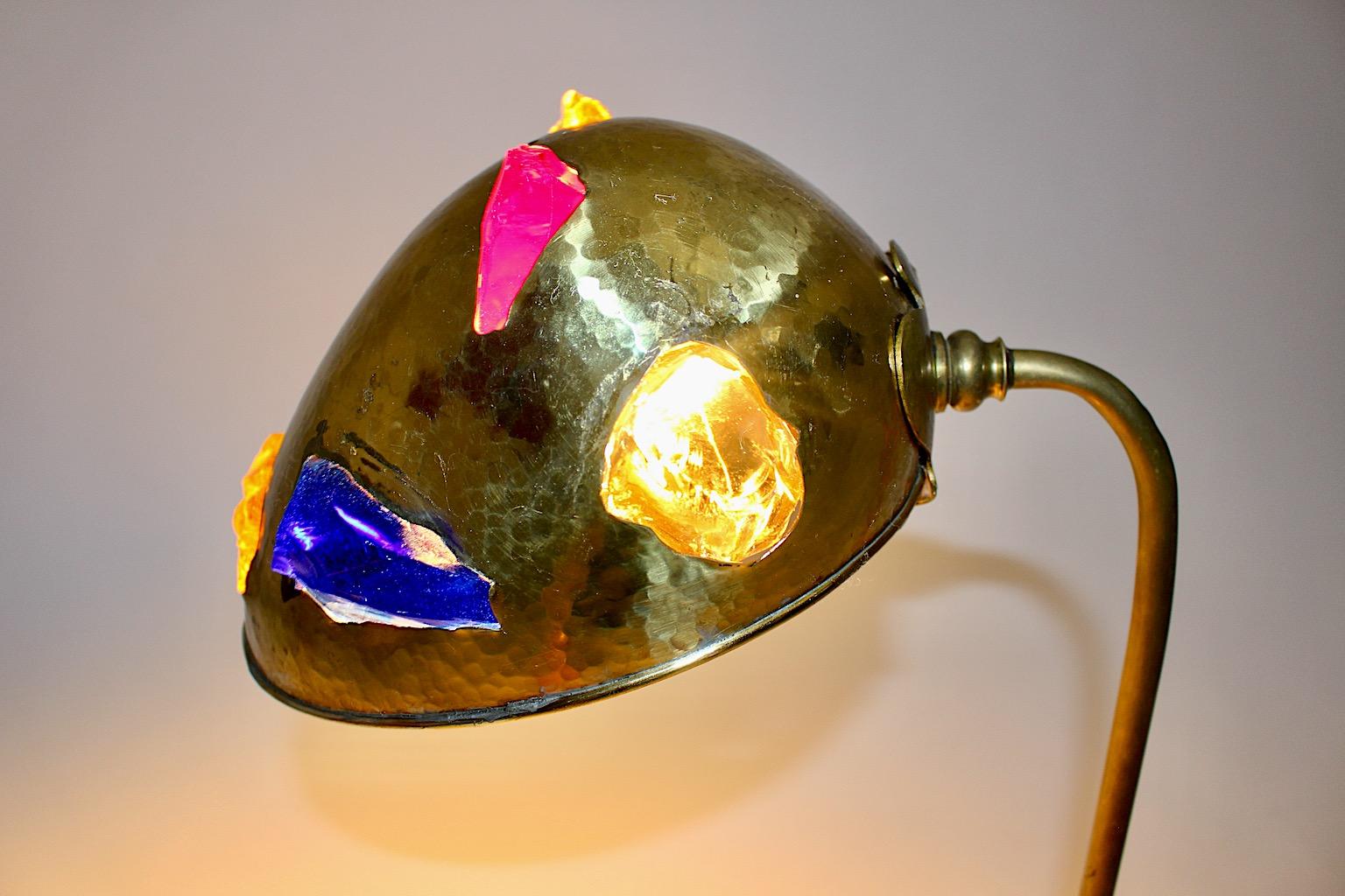 Mid-Century Modern Brass Table Lamp 1950s Austria Multicolored Glass Stones For Sale 7