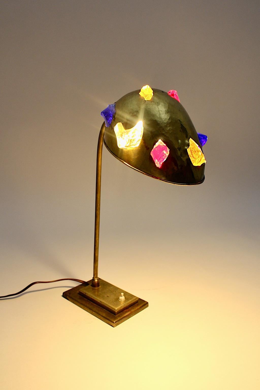 Austrian Mid-Century Modern Brass Table Lamp 1950s Austria Multicolored Glass Stones For Sale
