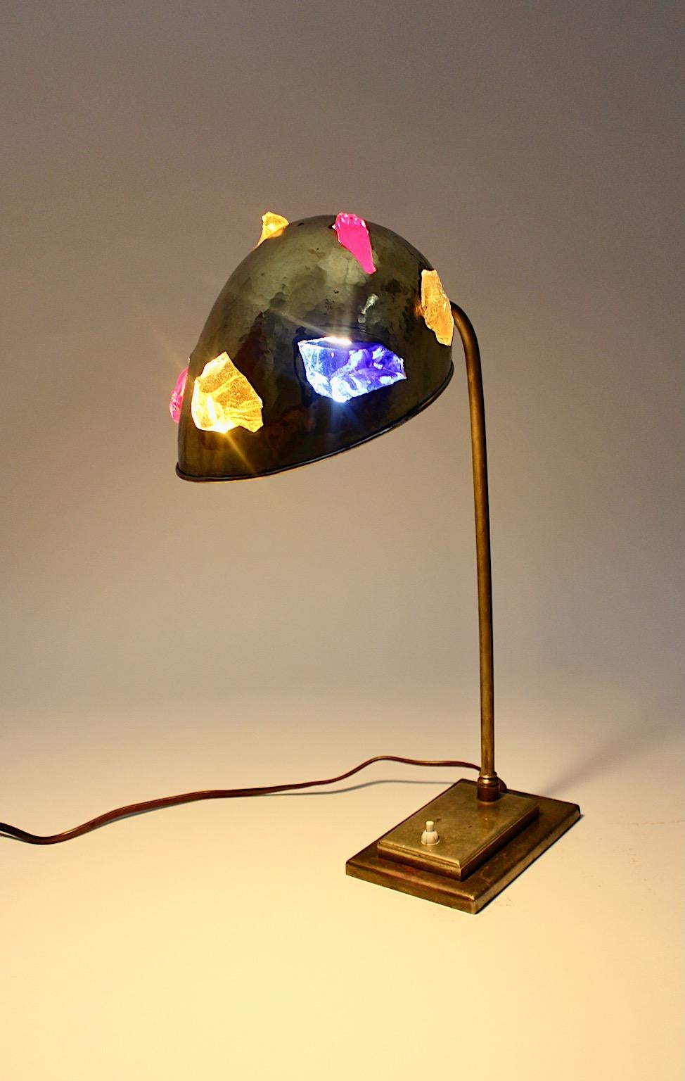 Mid-Century Modern Brass Table Lamp 1950s Austria Multicolored Glass Stones In Good Condition For Sale In Vienna, AT