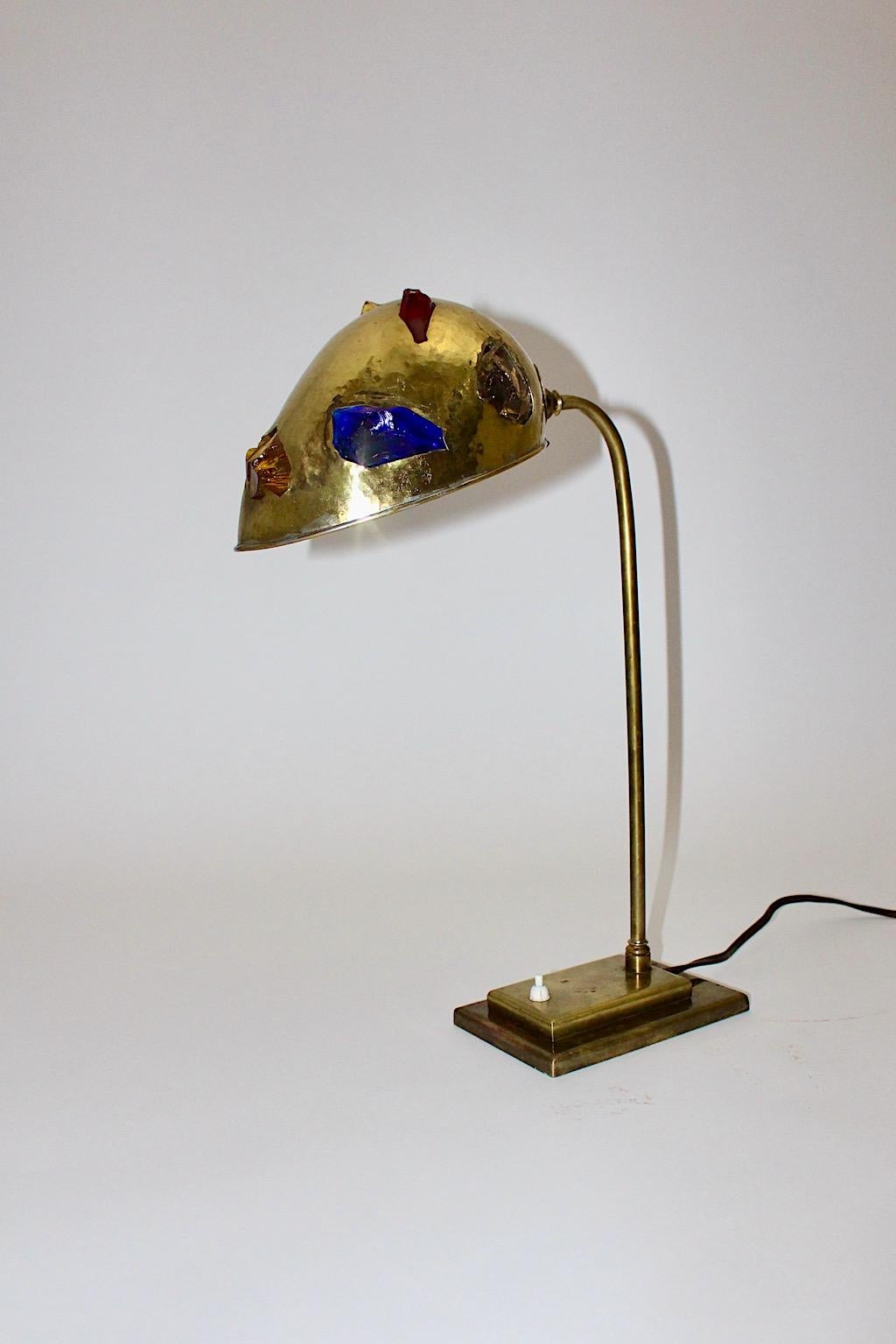 20th Century Mid-Century Modern Brass Table Lamp 1950s Austria Multicolored Glass Stones For Sale