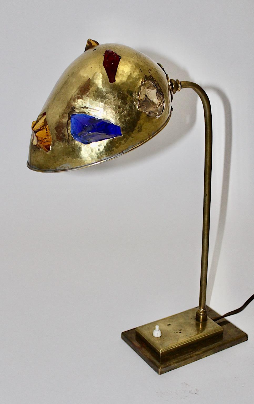 Mid-Century Modern Brass Table Lamp 1950s Austria Multicolored Glass Stones For Sale 1