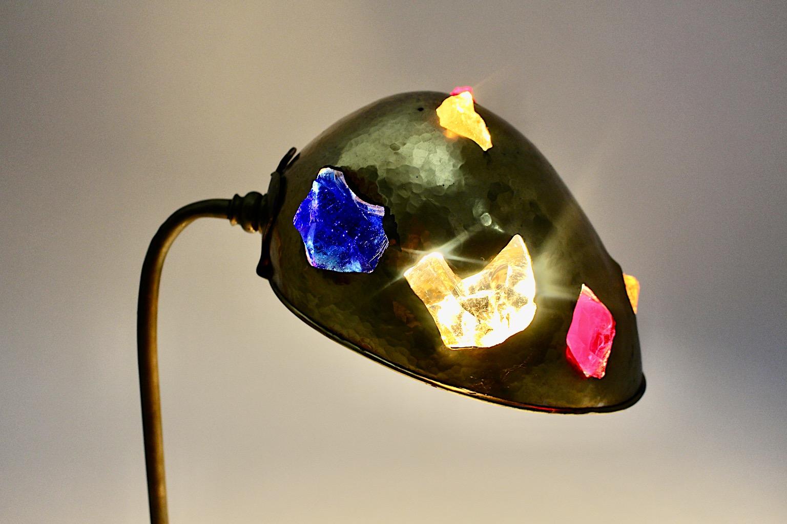 Mid-Century Modern Brass Table Lamp 1950s Austria Multicolored Glass Stones For Sale 4