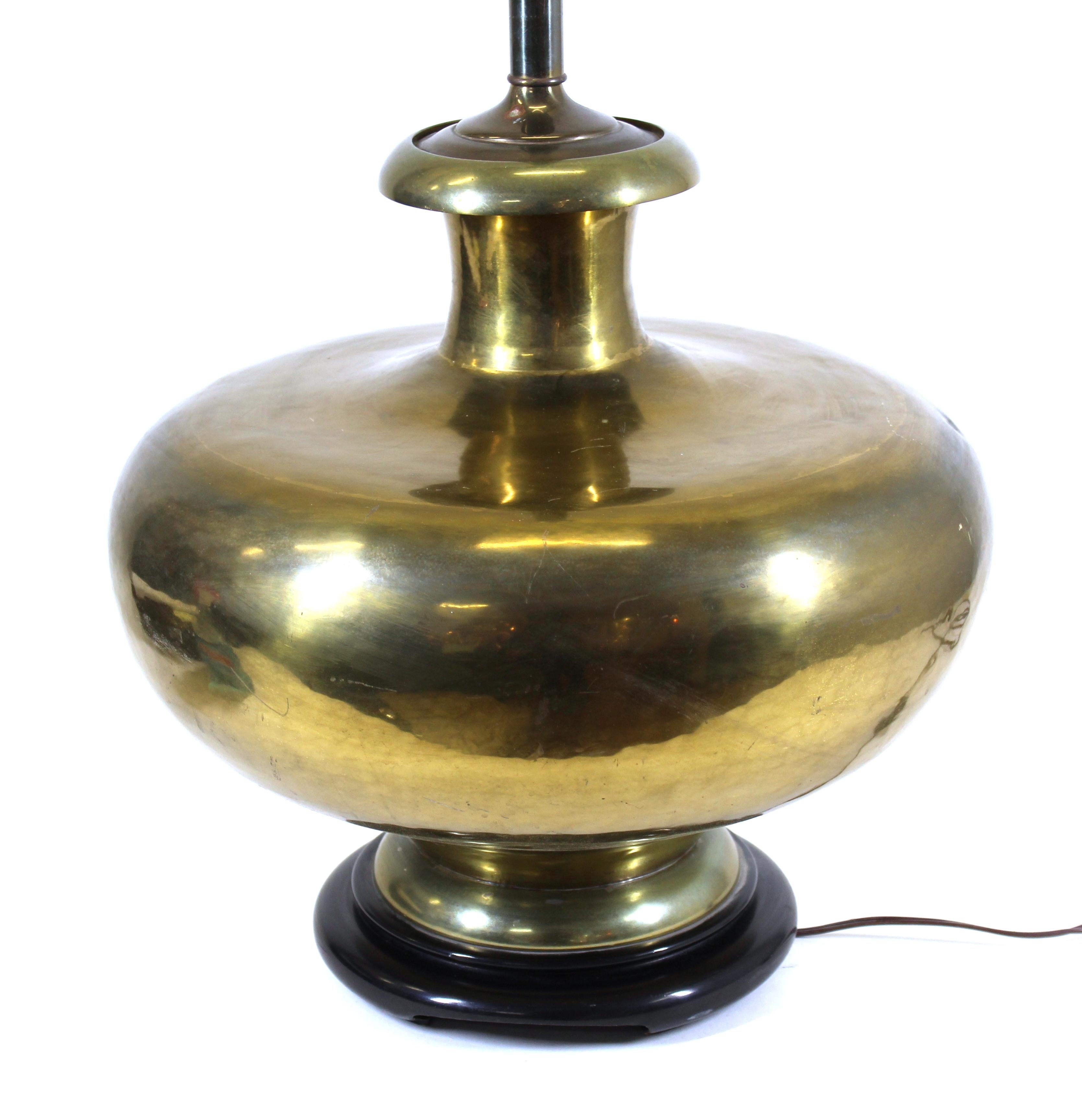 Mid-Century Modern large brass table lamp in Asian style.