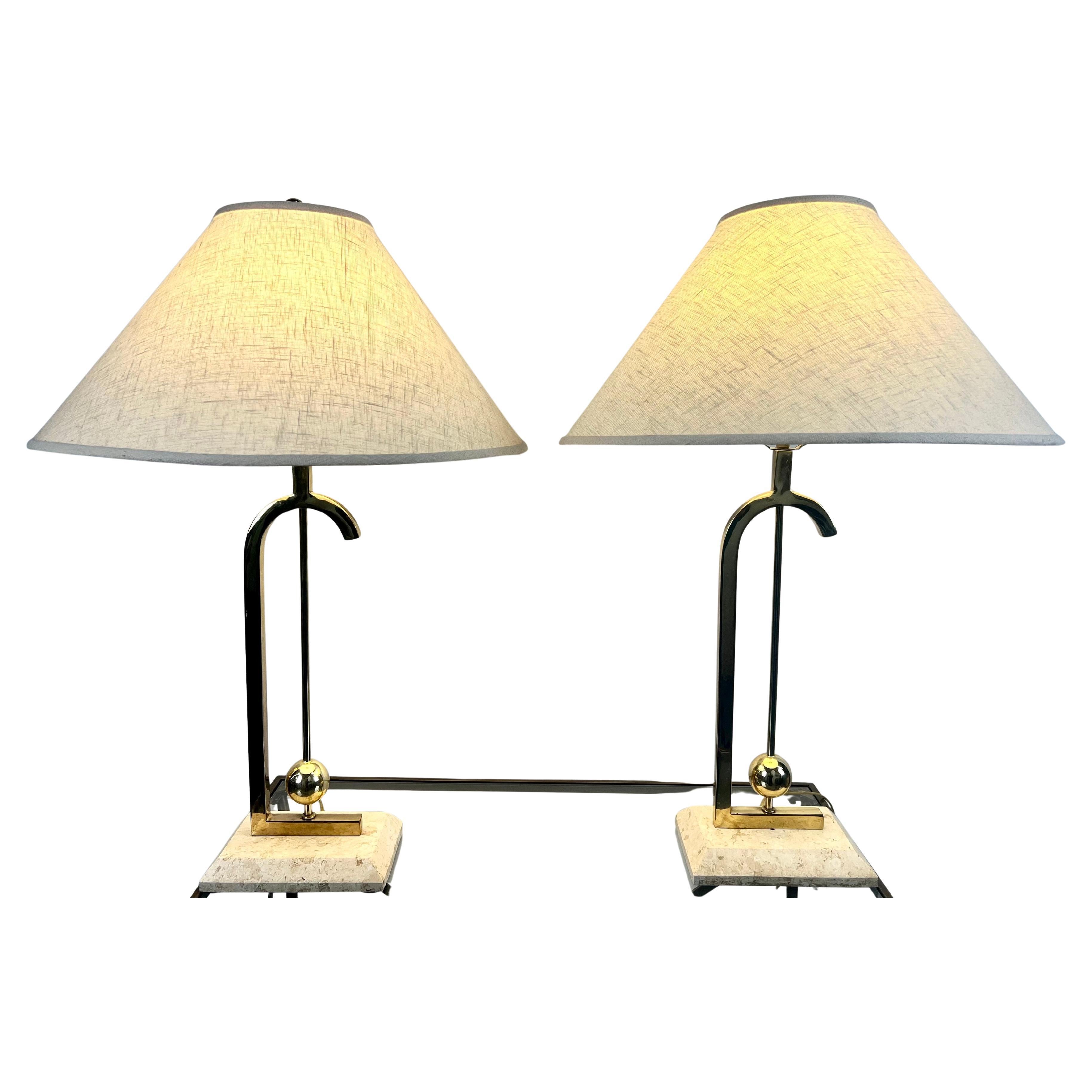 Mid-Century Modern Brass Table Lamp w Marble Base 
Original Fabric Shade, Pair For Sale