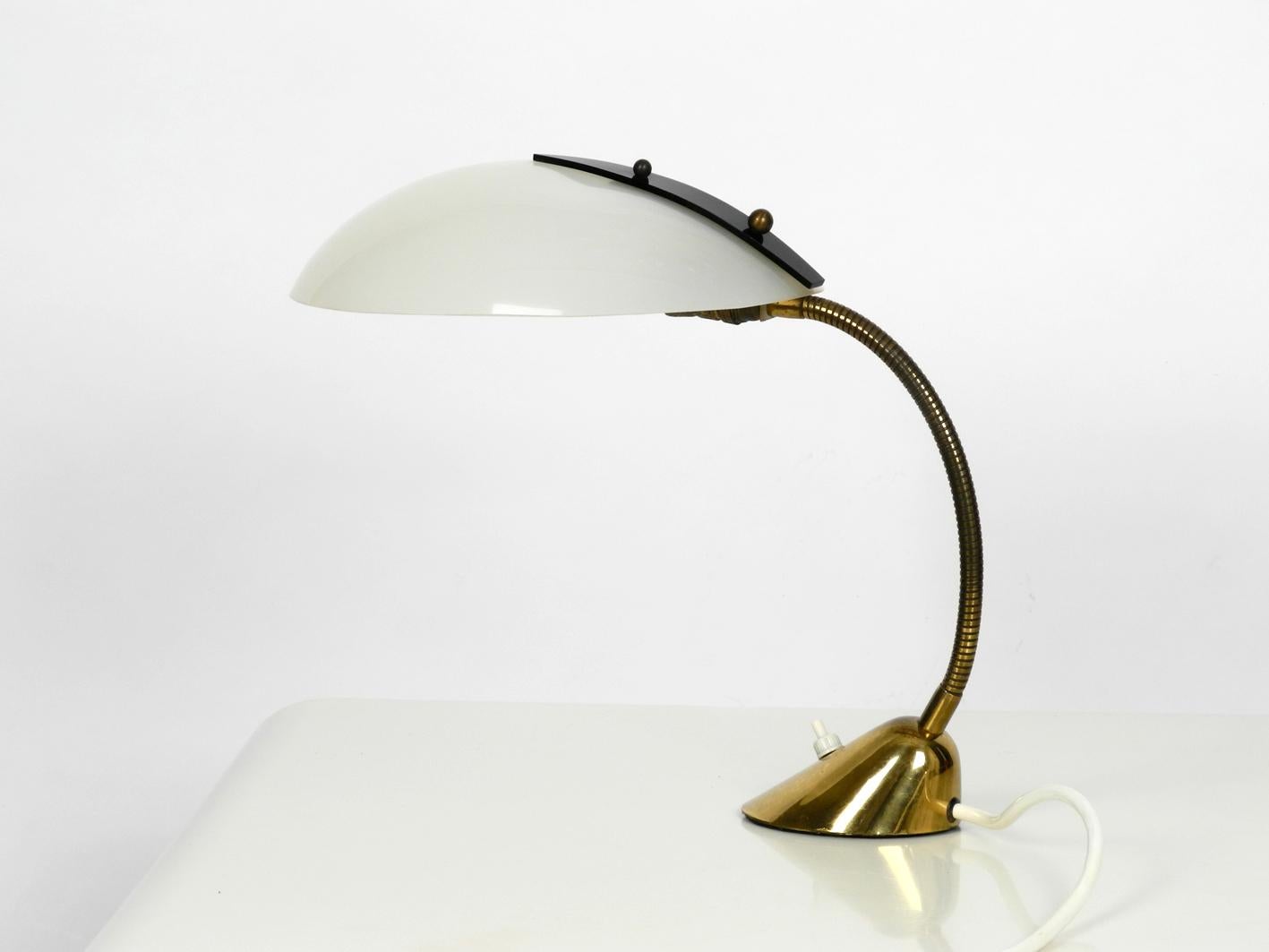 European Mid-Century Modern Brass Table Lamp with Plexiglass Shade Adjustable Gooseneck