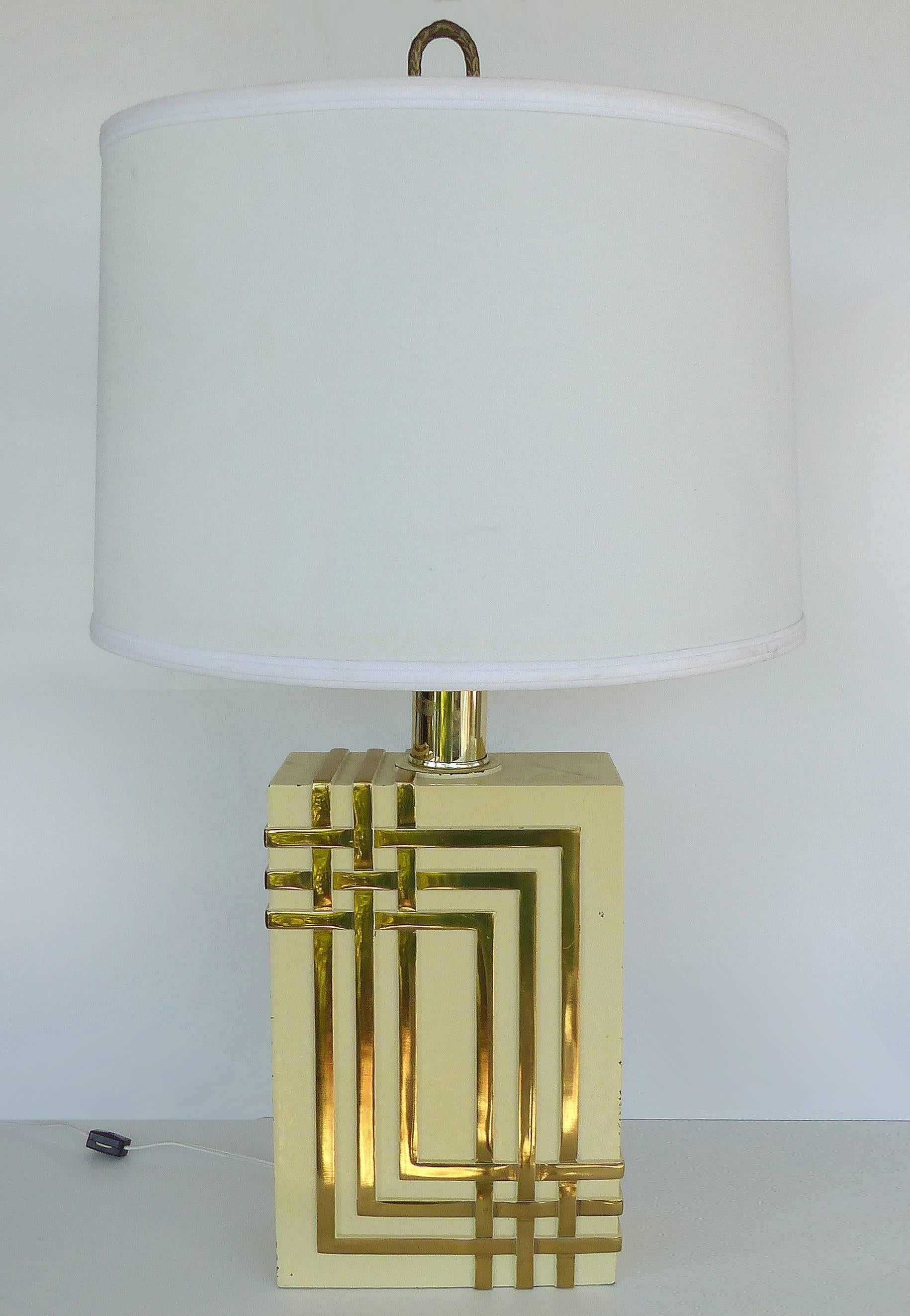 Mid-Century Modern Brass Table Lamps with Drum Shades 4