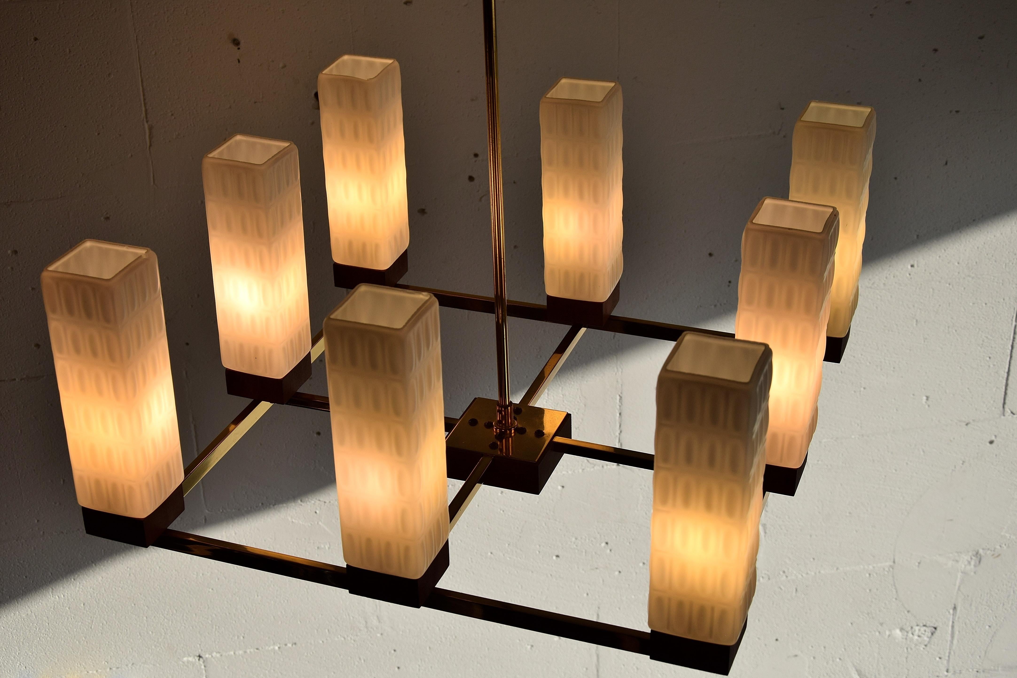 Mid-Century Modern Brass, Teak and Glass Chandelier For Sale 9