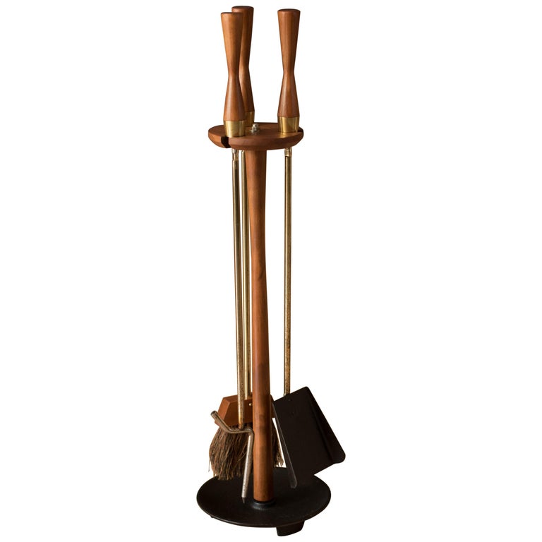 MidCentury Modern Brass ThreePiece Standing Fireplace Tool Set at 1stDibs