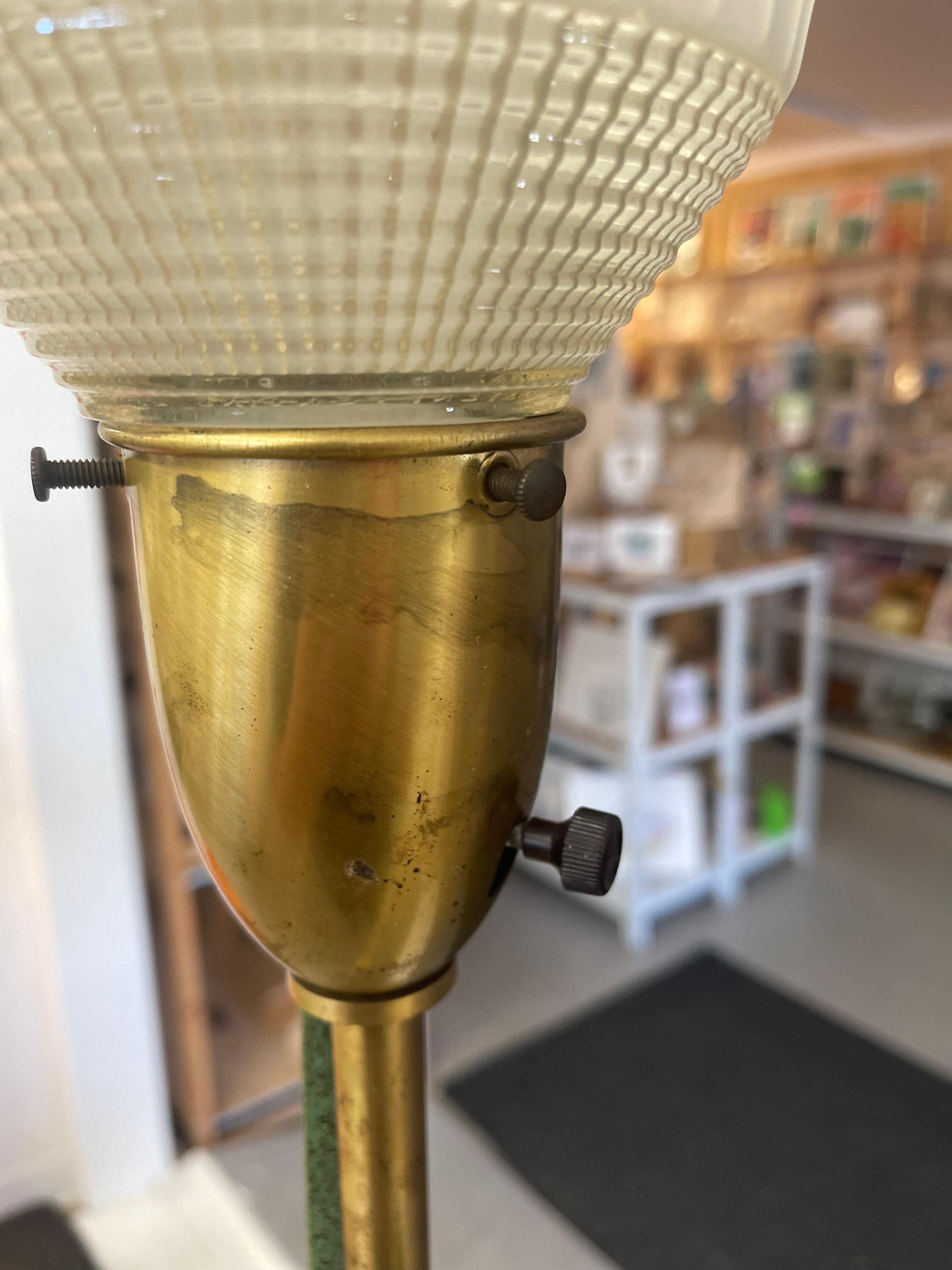 Mid-Century Modern Brass Toned Torchiere Floor Lamp with ribbed glass diffuser. For Sale 5