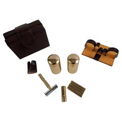 Mid-Century Modern Brass Travel Shaving Kit in Leatherette Case, Circa 1960