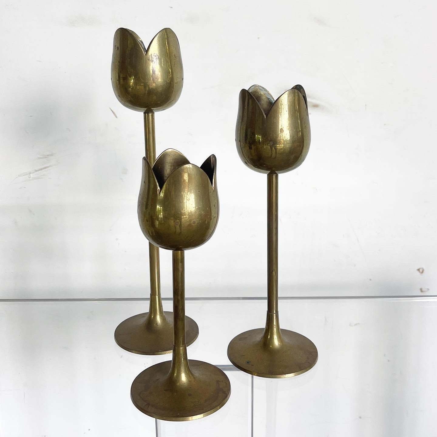Experience timeless elegance with the Brass Tulip Candlestick Holders, set of 3, showcasing sleek curves and minimalist aesthetics. Gracefully crafted from polished brass, these mid-century modern pieces add a chic, understated touch, perfect for