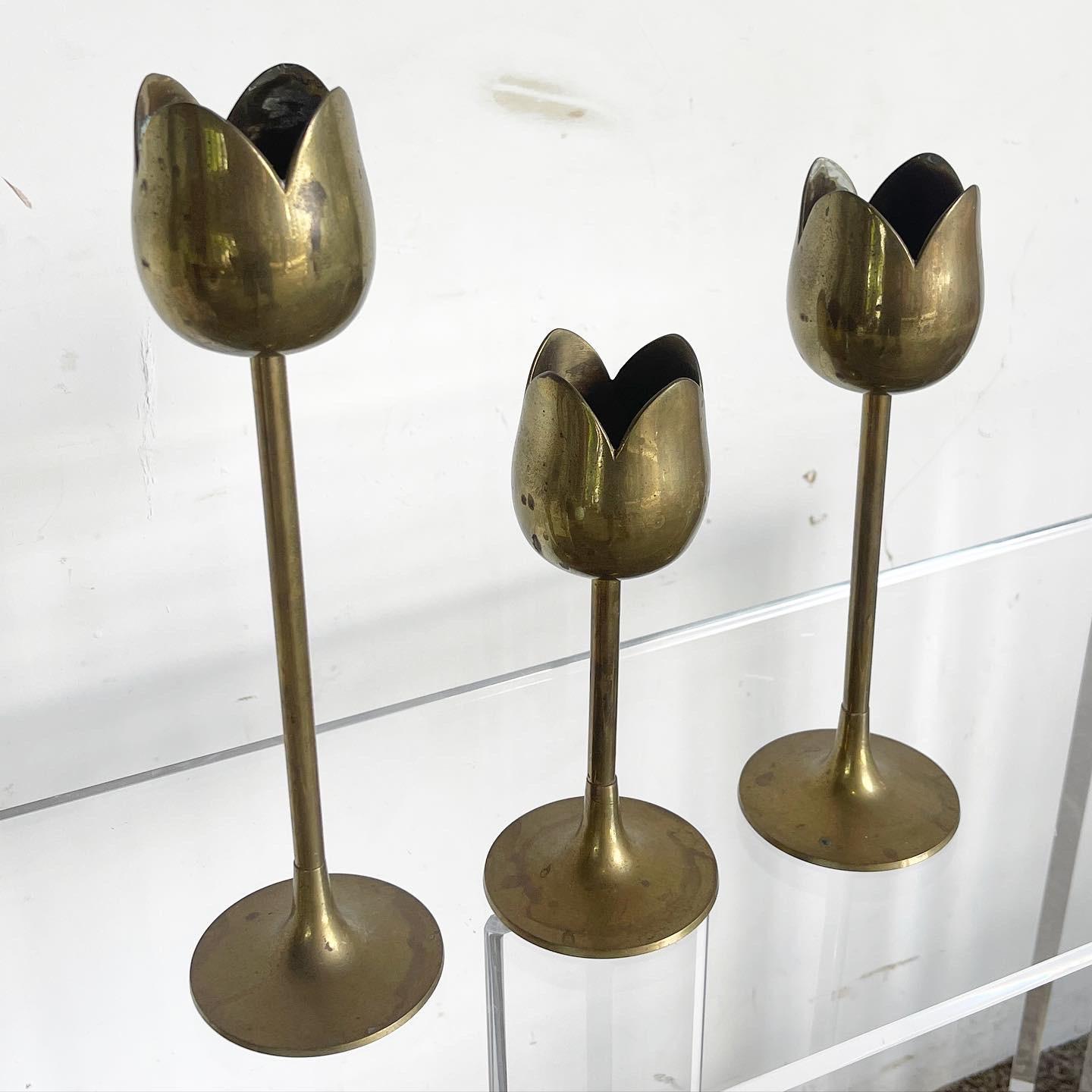 Indian Mid Century Modern Brass Tulip Candlestick Holders - Set of 3
