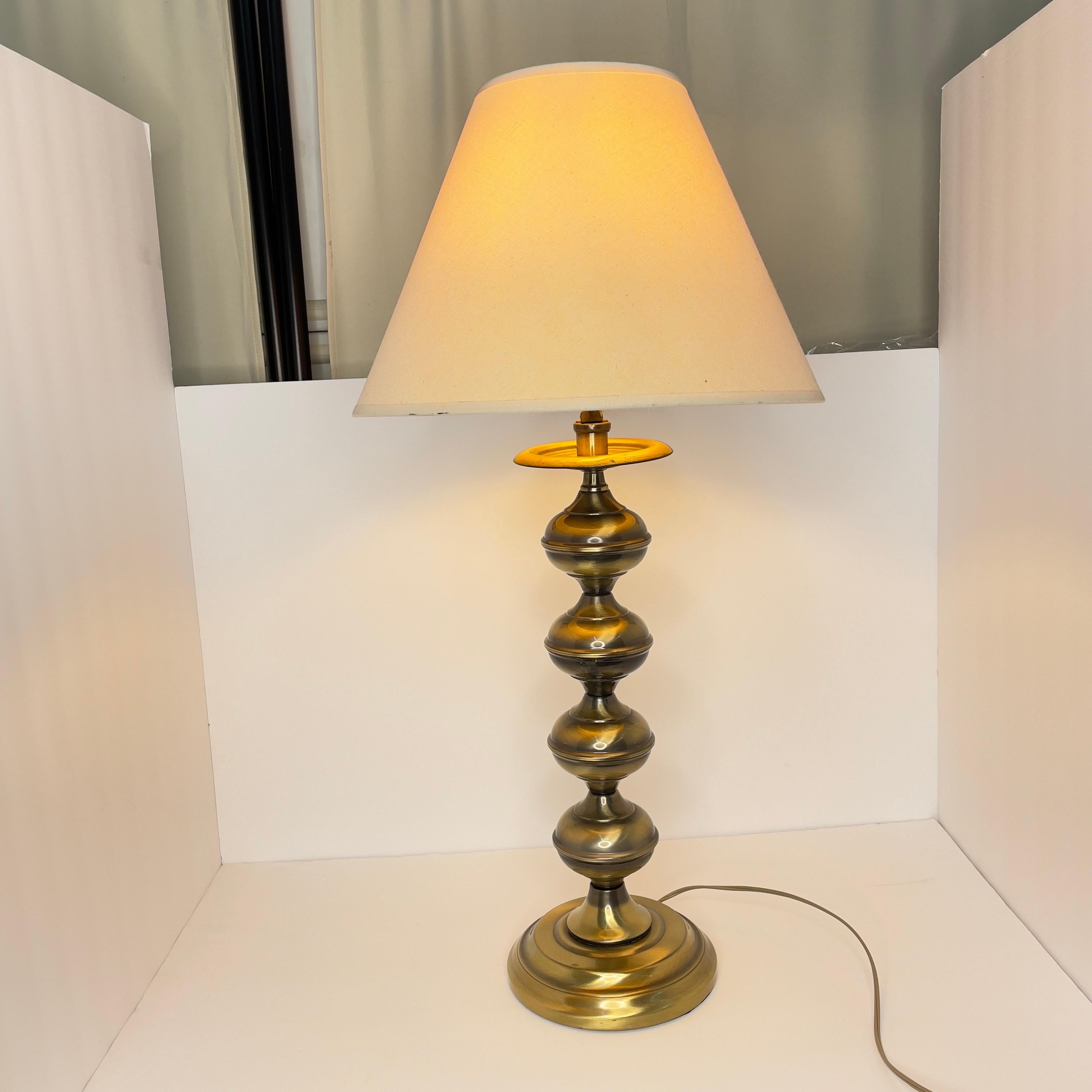 Mid Century Modern Brass Turned Table Lamp With Shade- 2 Pieces For Sale 2