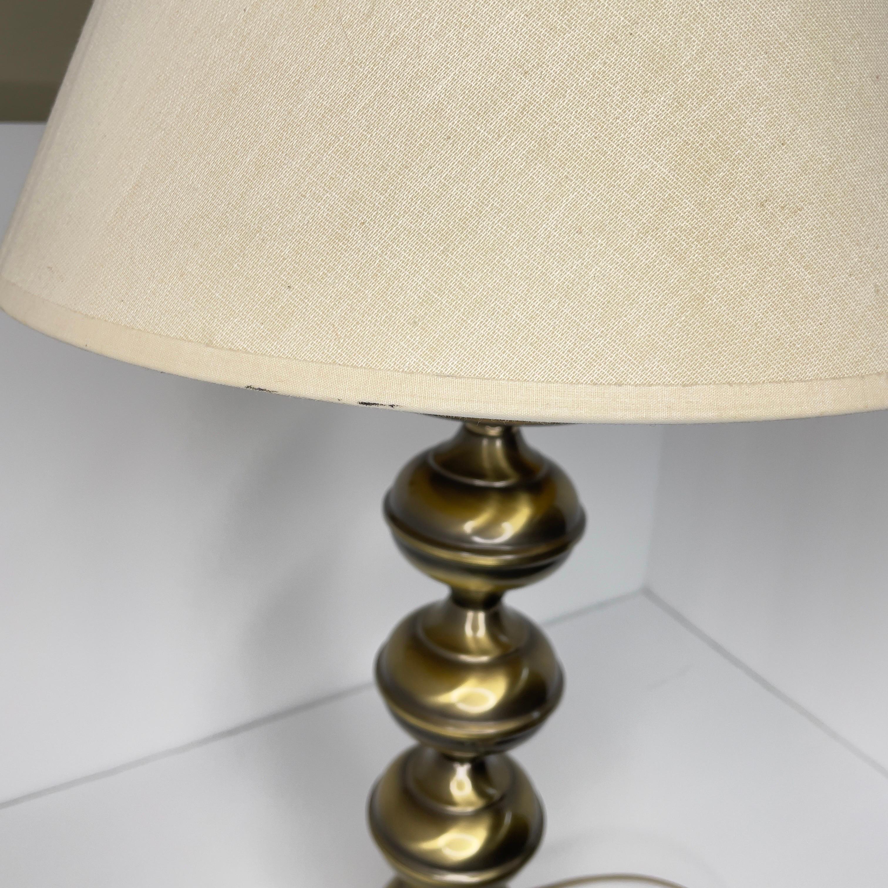 Mid Century Modern Brass Turned Table Lamp With Shade- 2 Pieces For Sale 4