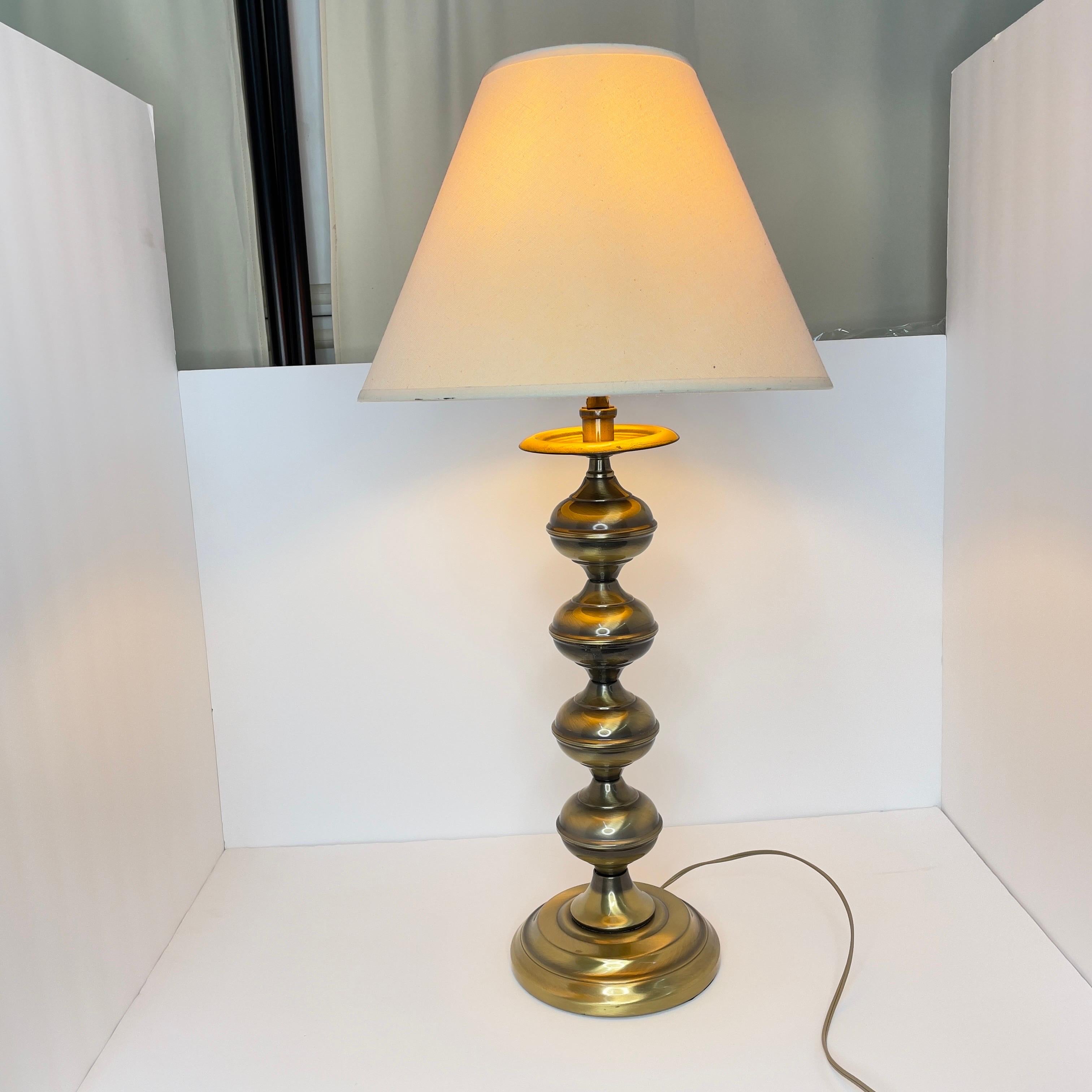 Mid Century Modern Brass Turned Table Lamp With Shade- 2 Pieces For Sale 5