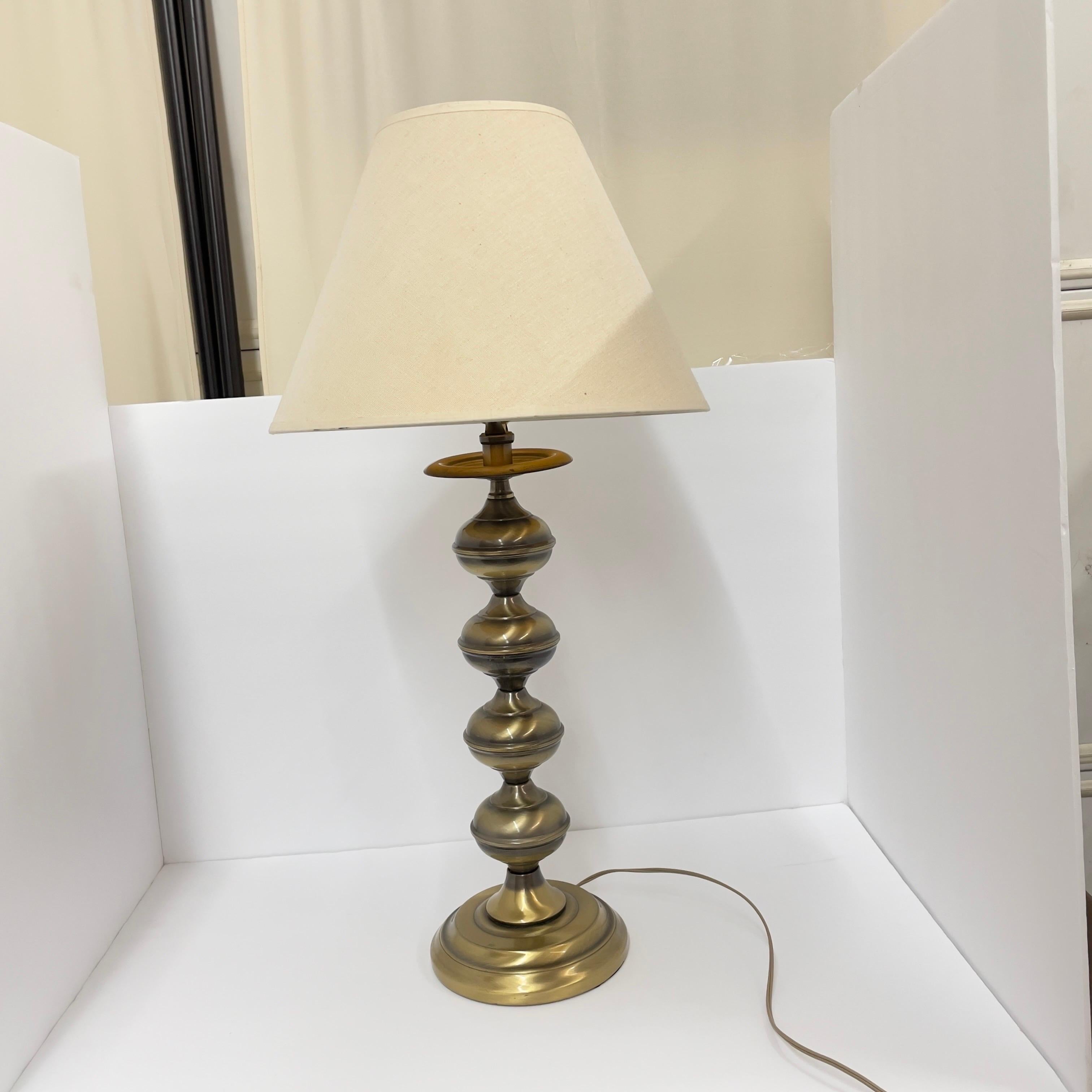 Mid Century Modern Brass Turned Table Lamp With Shade- 2 Pieces For Sale 6