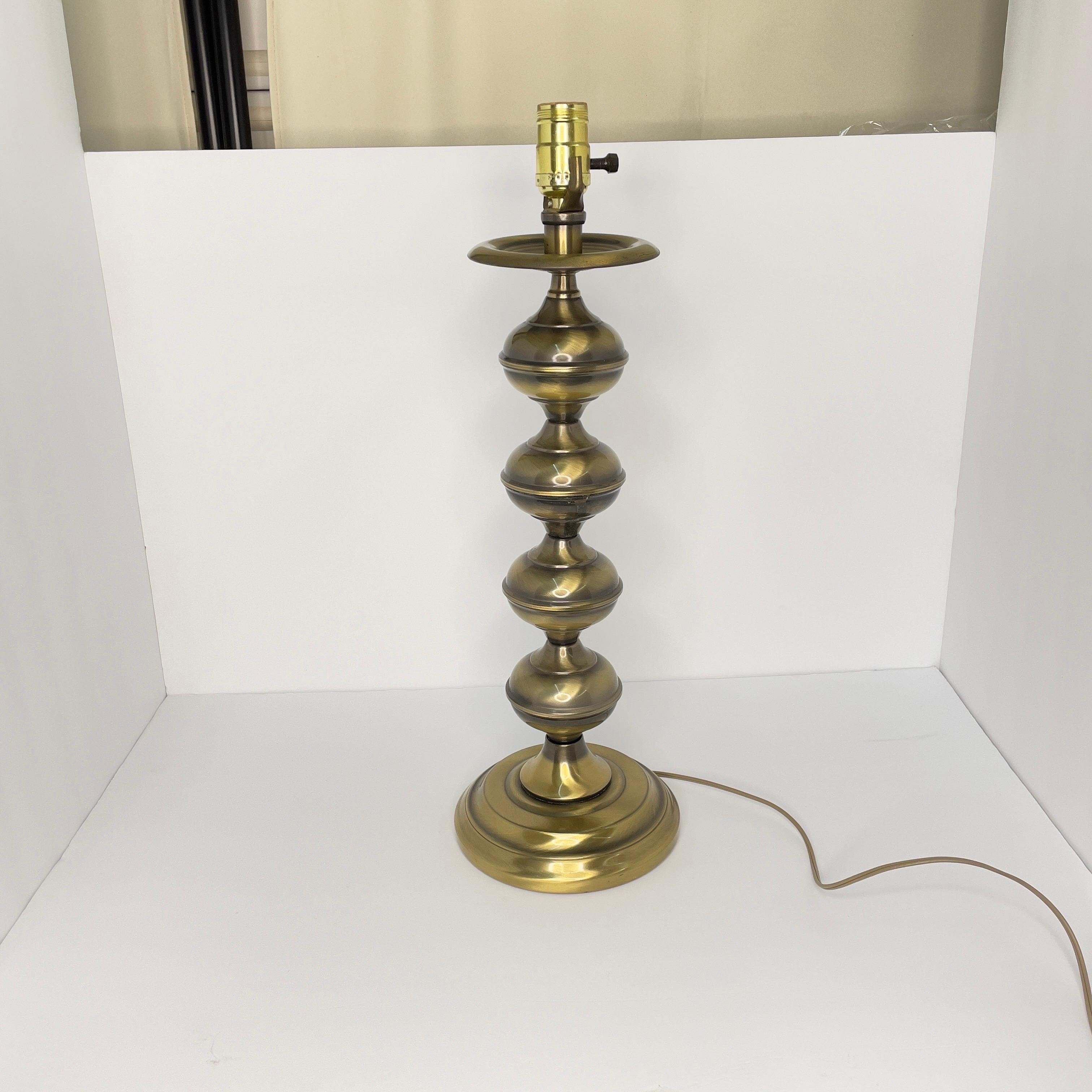 Hollywood Regency Mid Century Modern Brass Turned Table Lamp With Shade- 2 Pieces For Sale