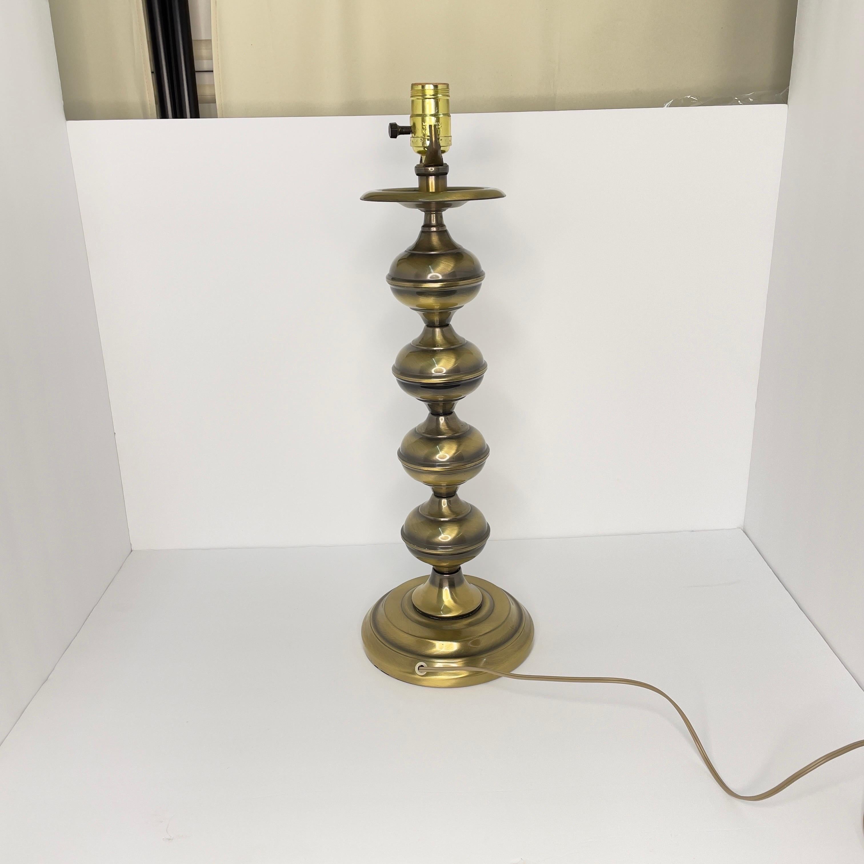 Mid Century Modern Brass Turned Table Lamp With Shade- 2 Pieces In Good Condition For Sale In Cordova, SC