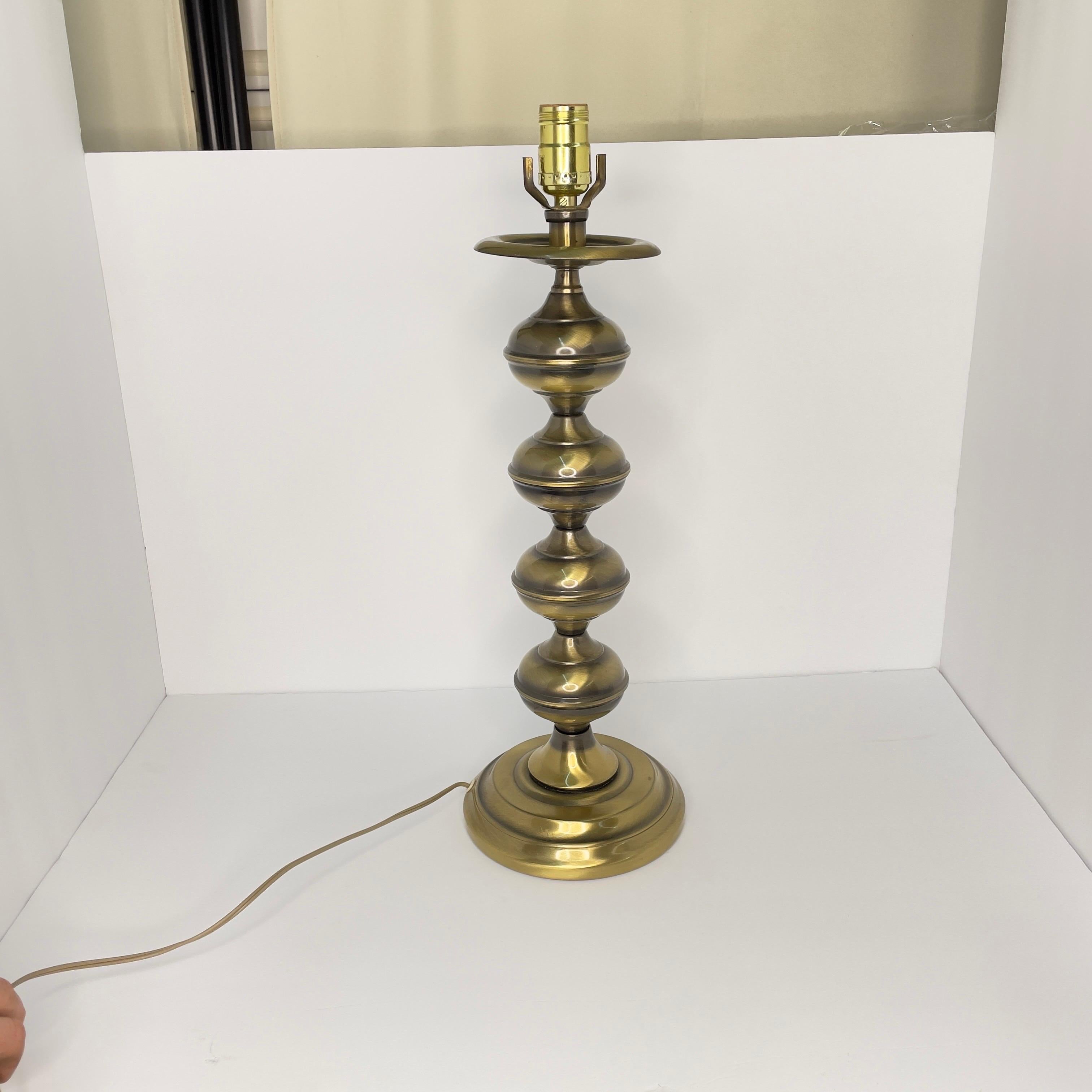 Late 20th Century Mid Century Modern Brass Turned Table Lamp With Shade- 2 Pieces For Sale