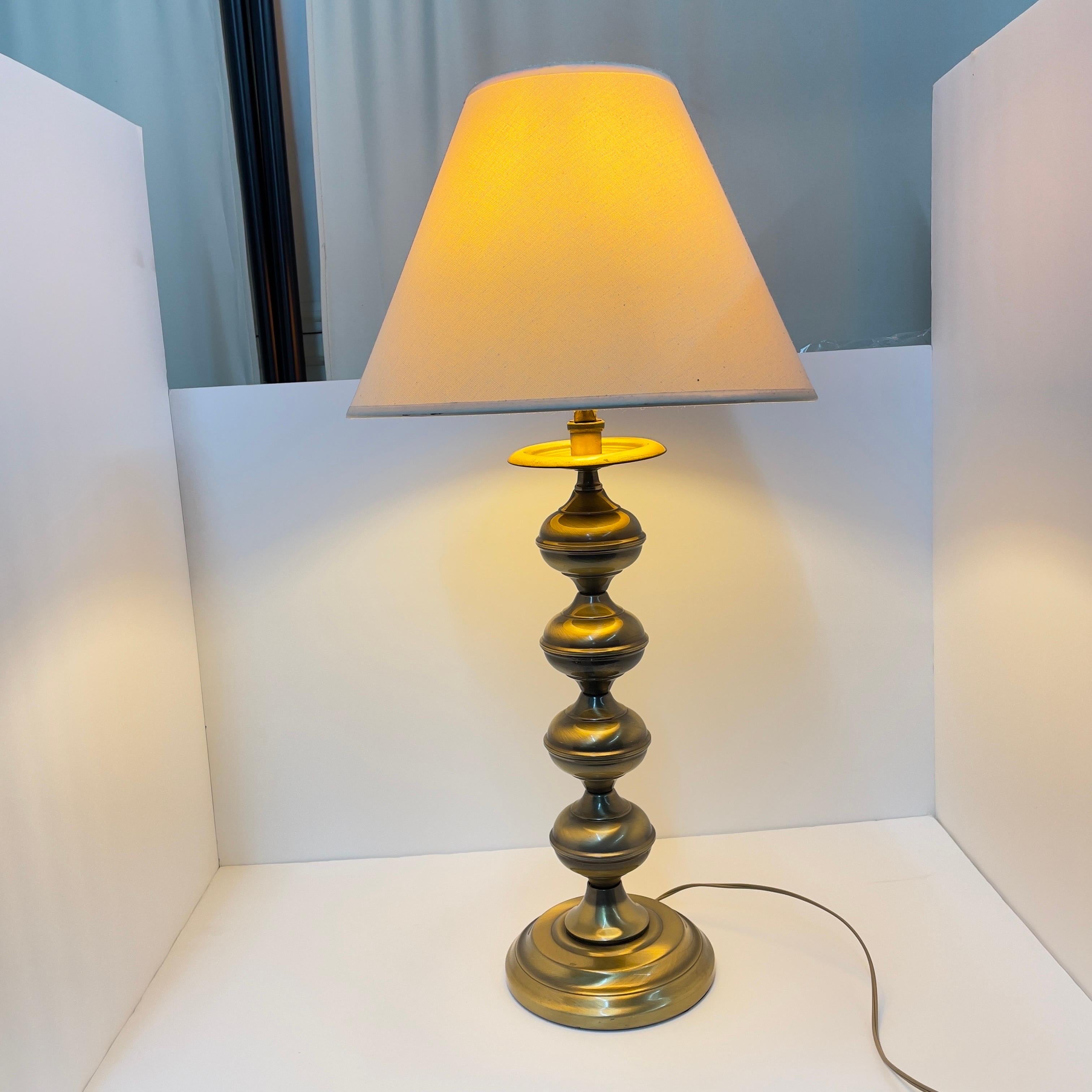 Fabric Mid Century Modern Brass Turned Table Lamp With Shade- 2 Pieces For Sale